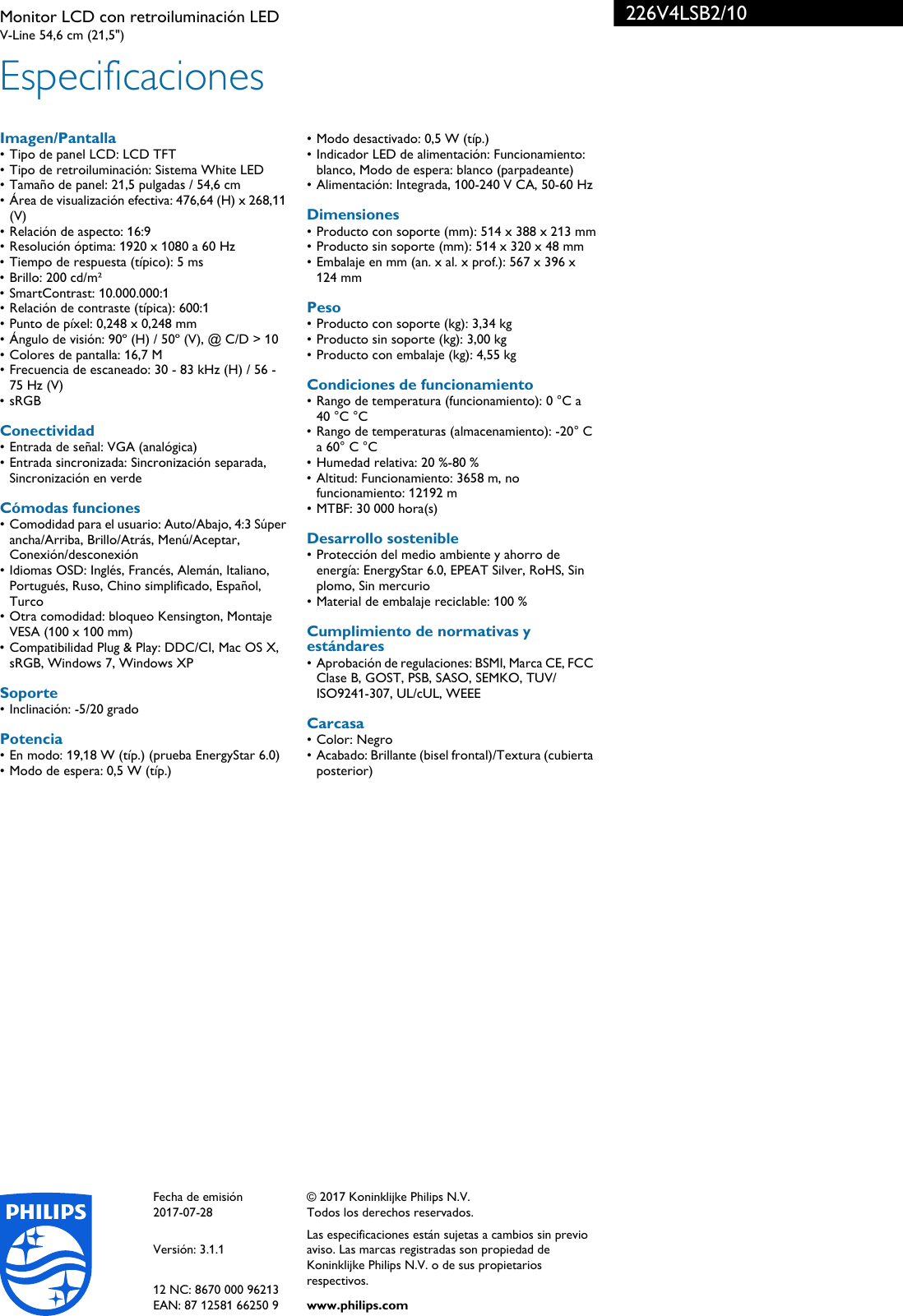 Philips 226v4lsb210 Leaflet 226v4lsb210 Released Spain