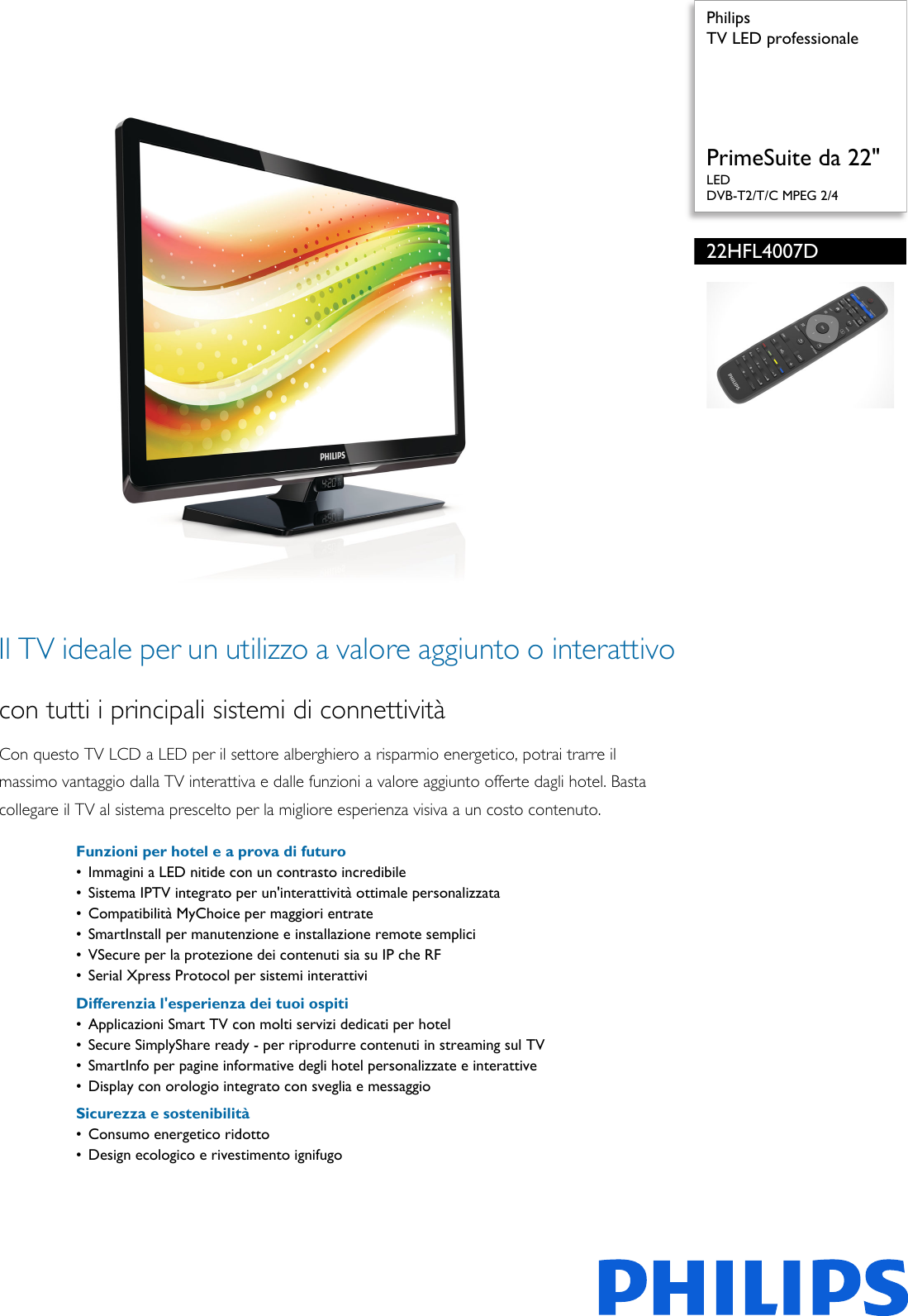 Page 1 of 3 - Philips 22HFL4007D/10 TV LED Professionale User Manual Scheda Tecnica 22hfl4007d 10 Pss Itait