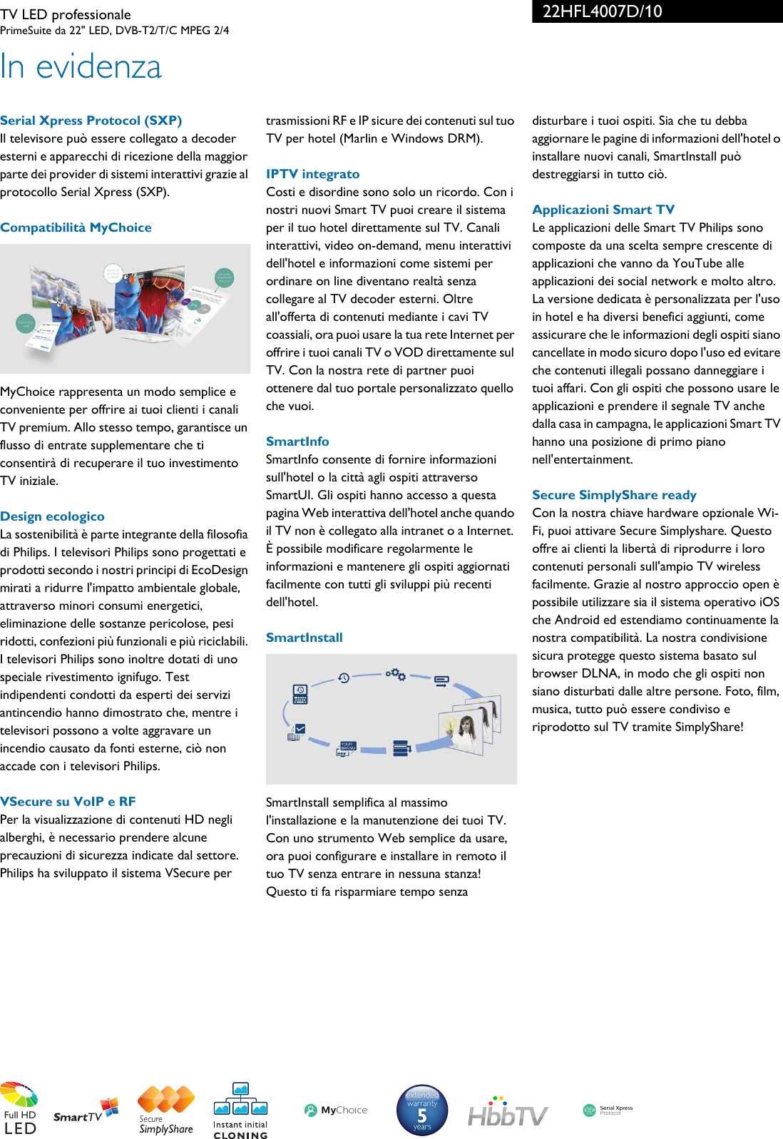 Page 2 of 3 - Philips 22HFL4007D/10 TV LED Professionale User Manual Scheda Tecnica 22hfl4007d 10 Pss Itait