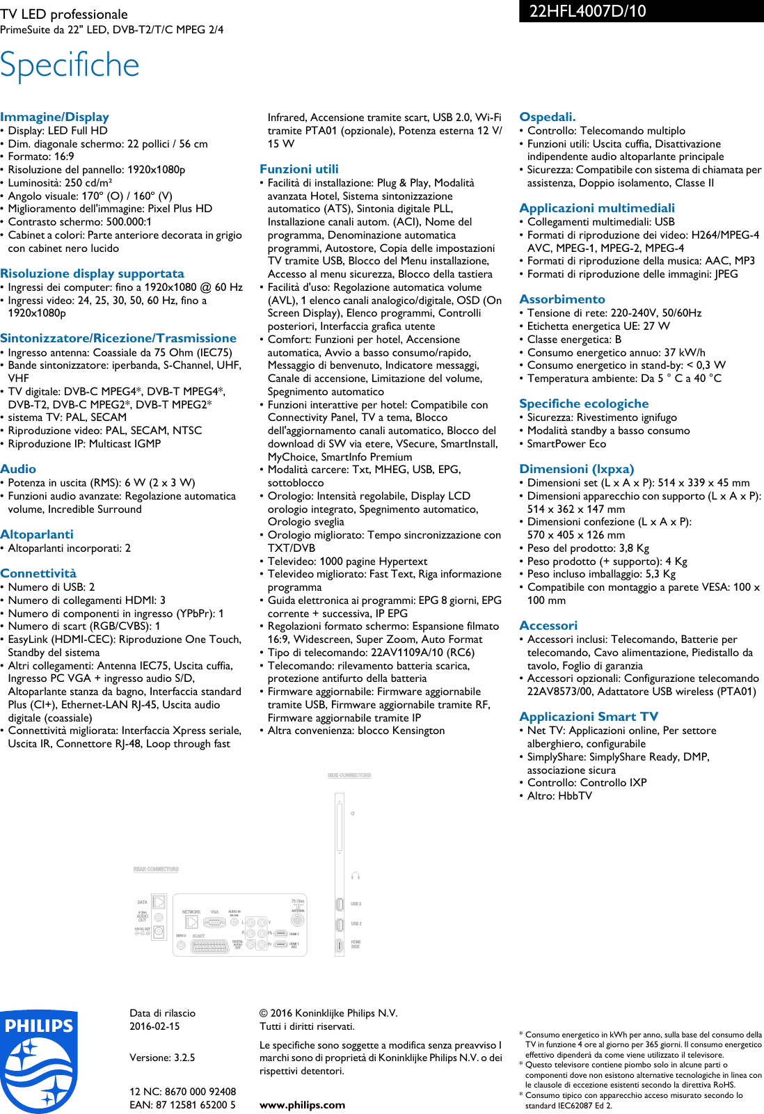 Page 3 of 3 - Philips 22HFL4007D/10 TV LED Professionale User Manual Scheda Tecnica 22hfl4007d 10 Pss Itait