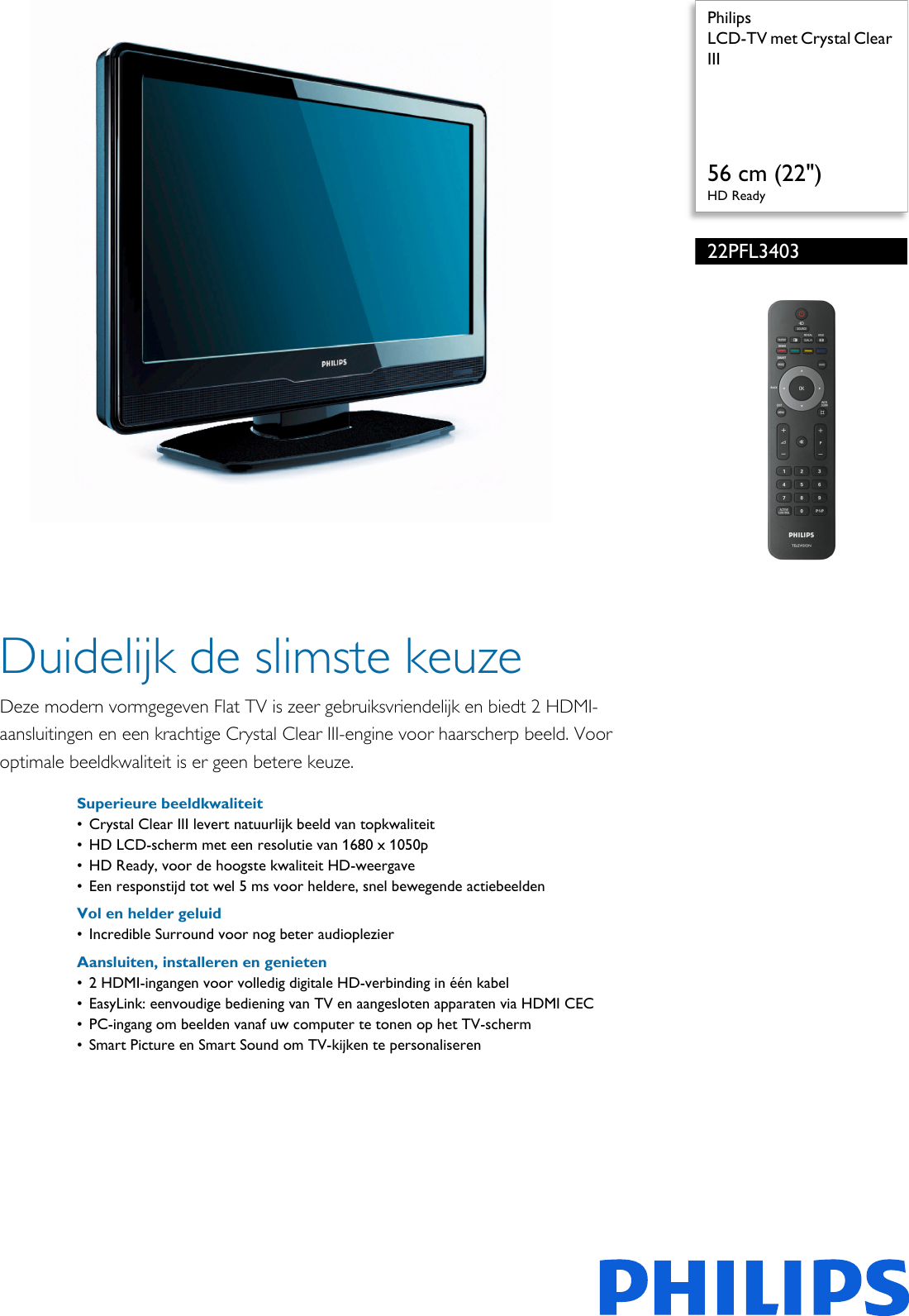 Page 1 of 3 - Philips 22PFL3403/10 LCD-TV Met Crystal Clear III User Manual Brochure 22pfl3403 10 Pss Nldbe