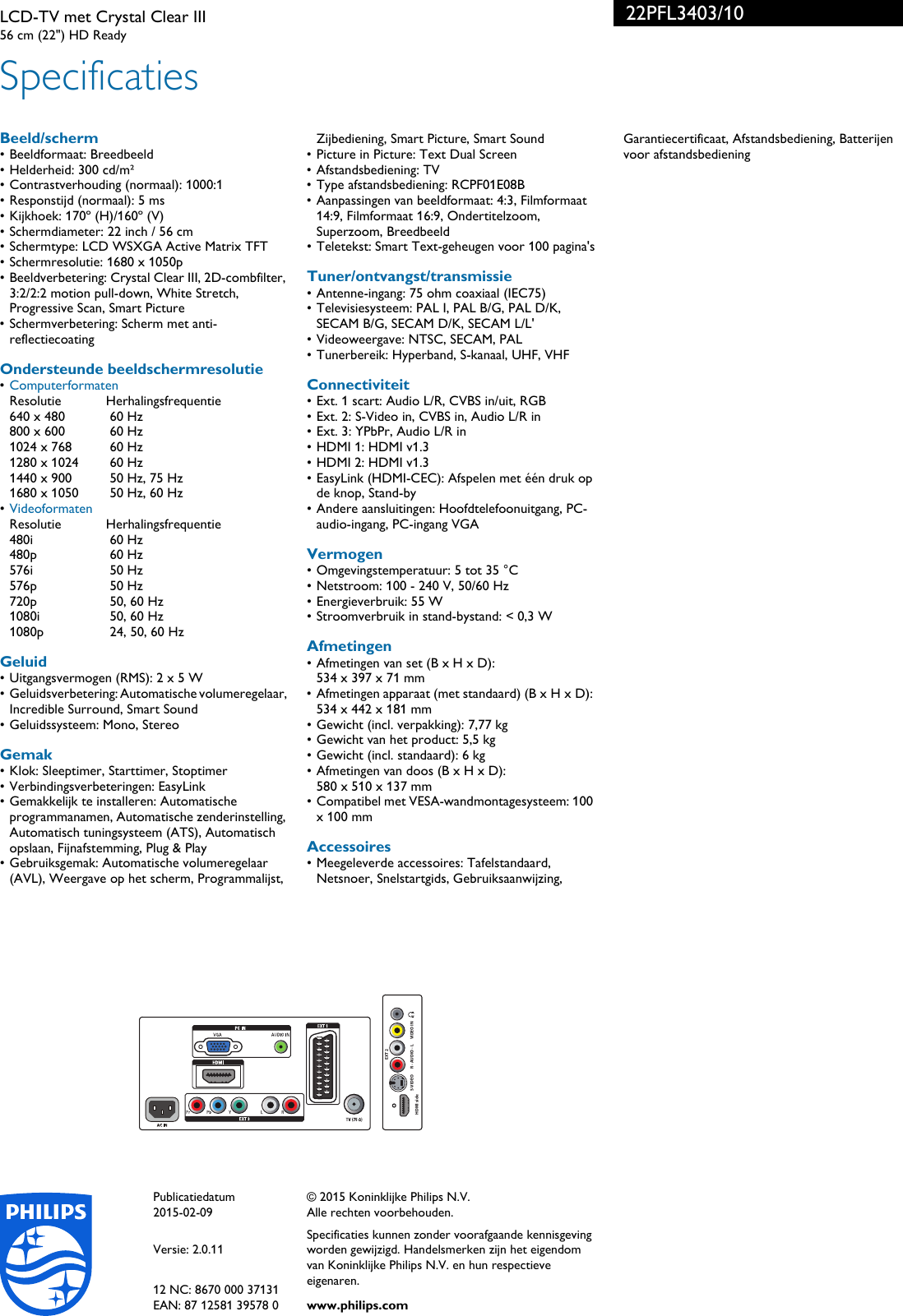 Page 3 of 3 - Philips 22PFL3403/10 LCD-TV Met Crystal Clear III User Manual Brochure 22pfl3403 10 Pss Nldbe