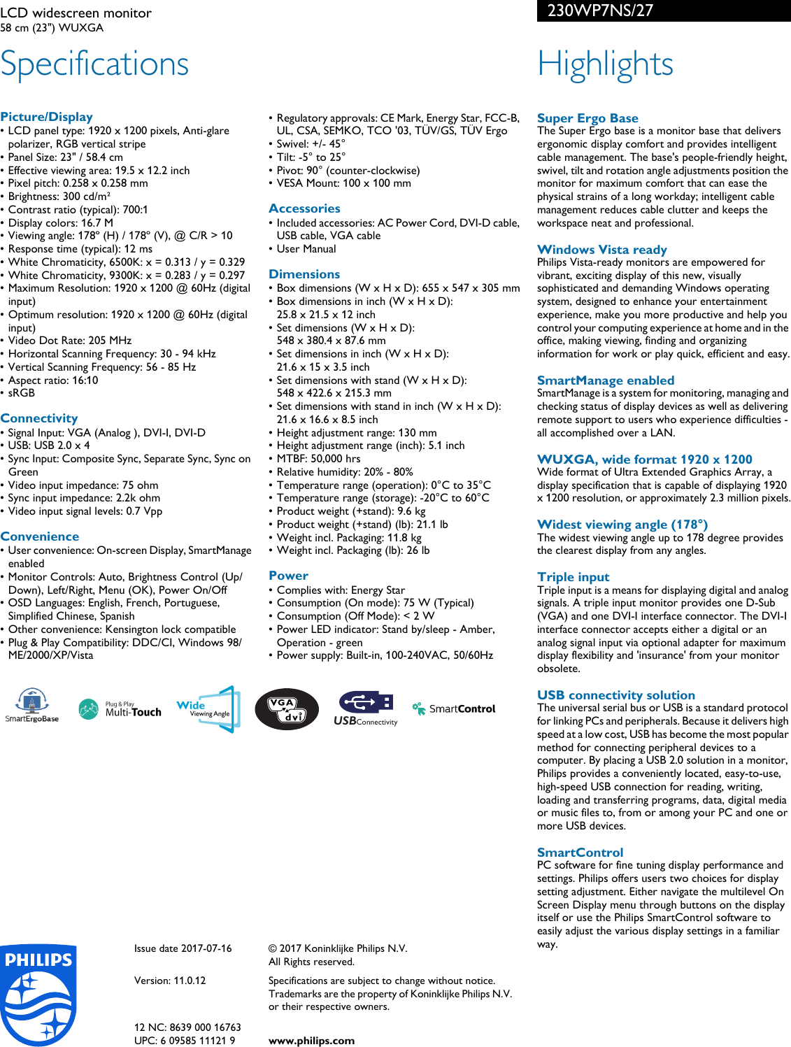 Page 2 of 2 - Philips 230WP7NS/27 LCD Widescreen Monitor Leaflet 230wp7ns 27b Pss Aenus