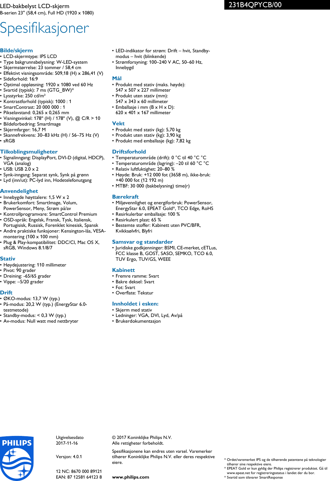 Page 3 of 3 - Philips 231B4QPYCB/00 Leaflet 231B4QPYCB_00 Released Norway (Norwegian)  User Manual Hefte 231b4qpycb 00 Pss Norno