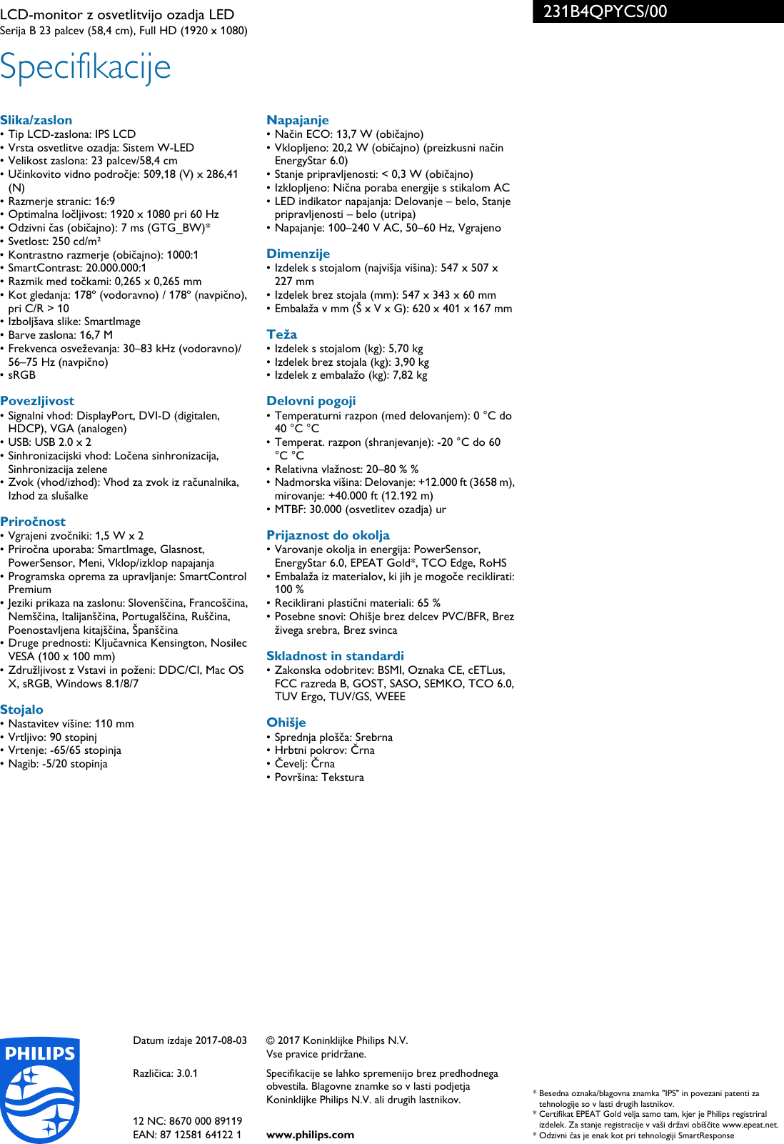 Page 3 of 3 - Philips 231B4QPYCS/00 LCD-monitor Z Osvetlitvijo Ozadja LED S Tehnologijo PowerSensor ... 231b4qpycs 00 Pss Slvsi