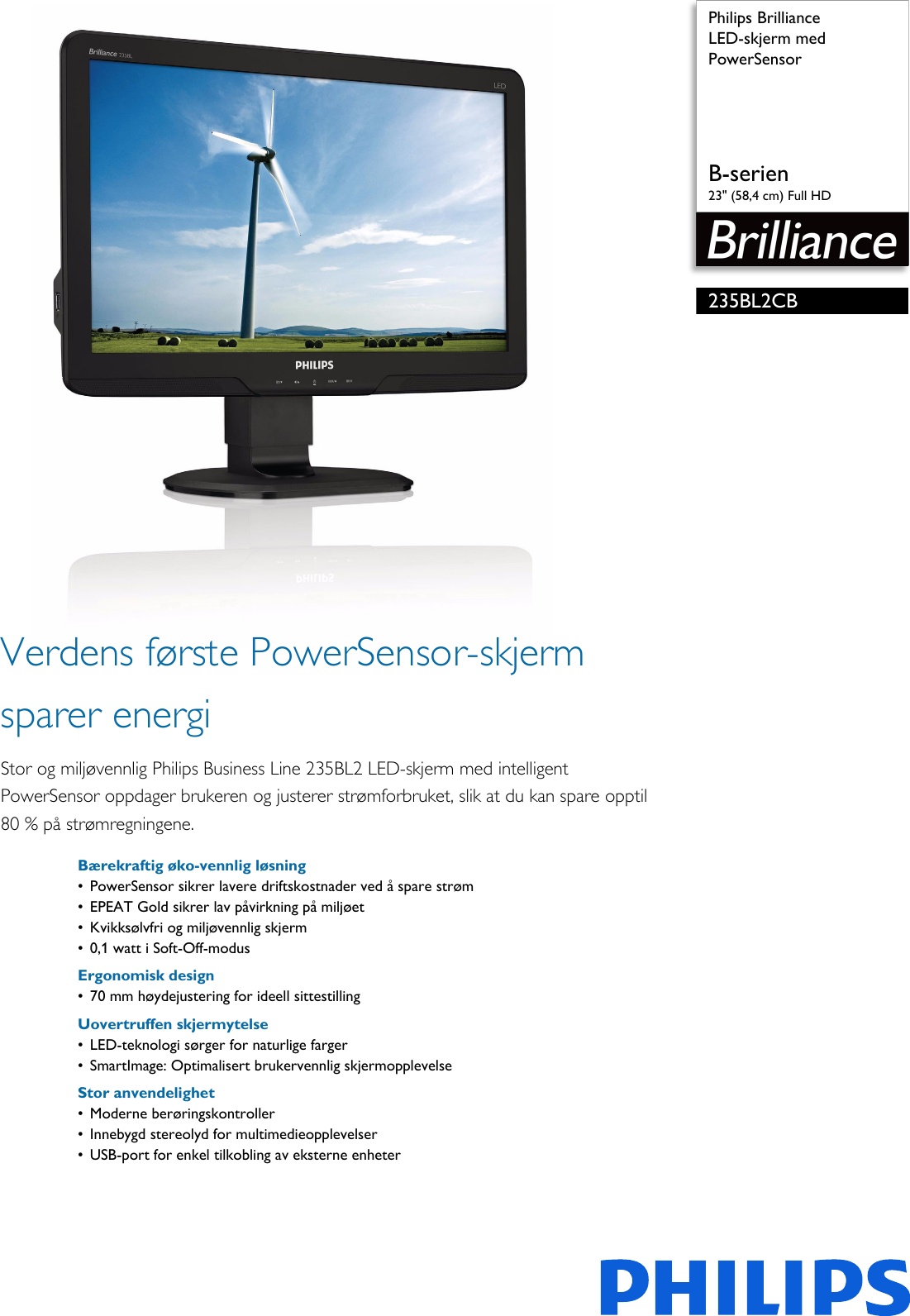 Page 1 of 3 - Philips 235BL2CB/00 Leaflet 235BL2CB_00 Released Norway (Norwegian) User Manual Hefte 235bl2cb 00 Pss Norno