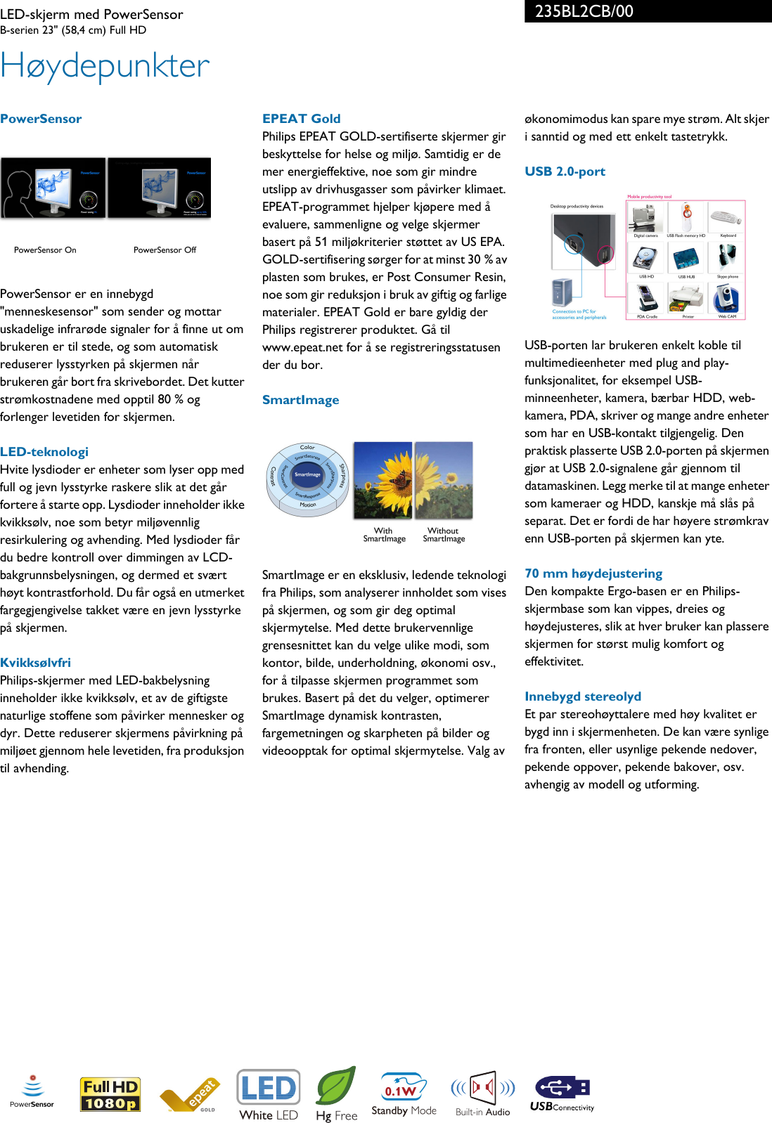 Page 2 of 3 - Philips 235BL2CB/00 Leaflet 235BL2CB_00 Released Norway (Norwegian) User Manual Hefte 235bl2cb 00 Pss Norno
