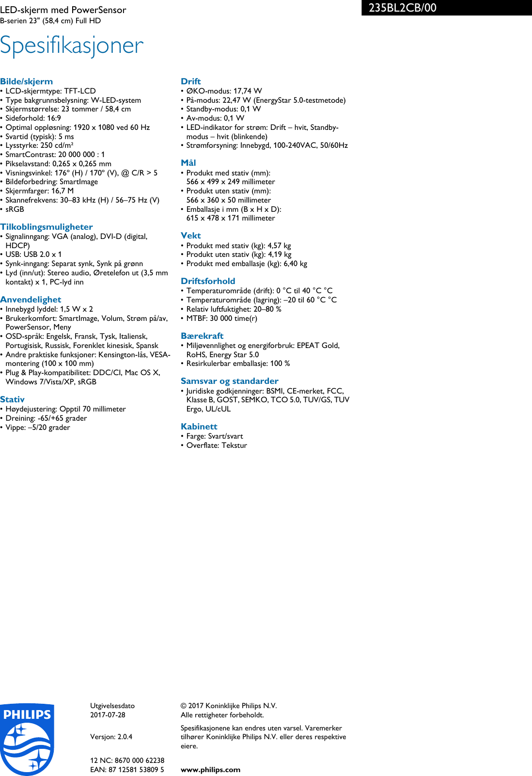 Page 3 of 3 - Philips 235BL2CB/00 Leaflet 235BL2CB_00 Released Norway (Norwegian) User Manual Hefte 235bl2cb 00 Pss Norno