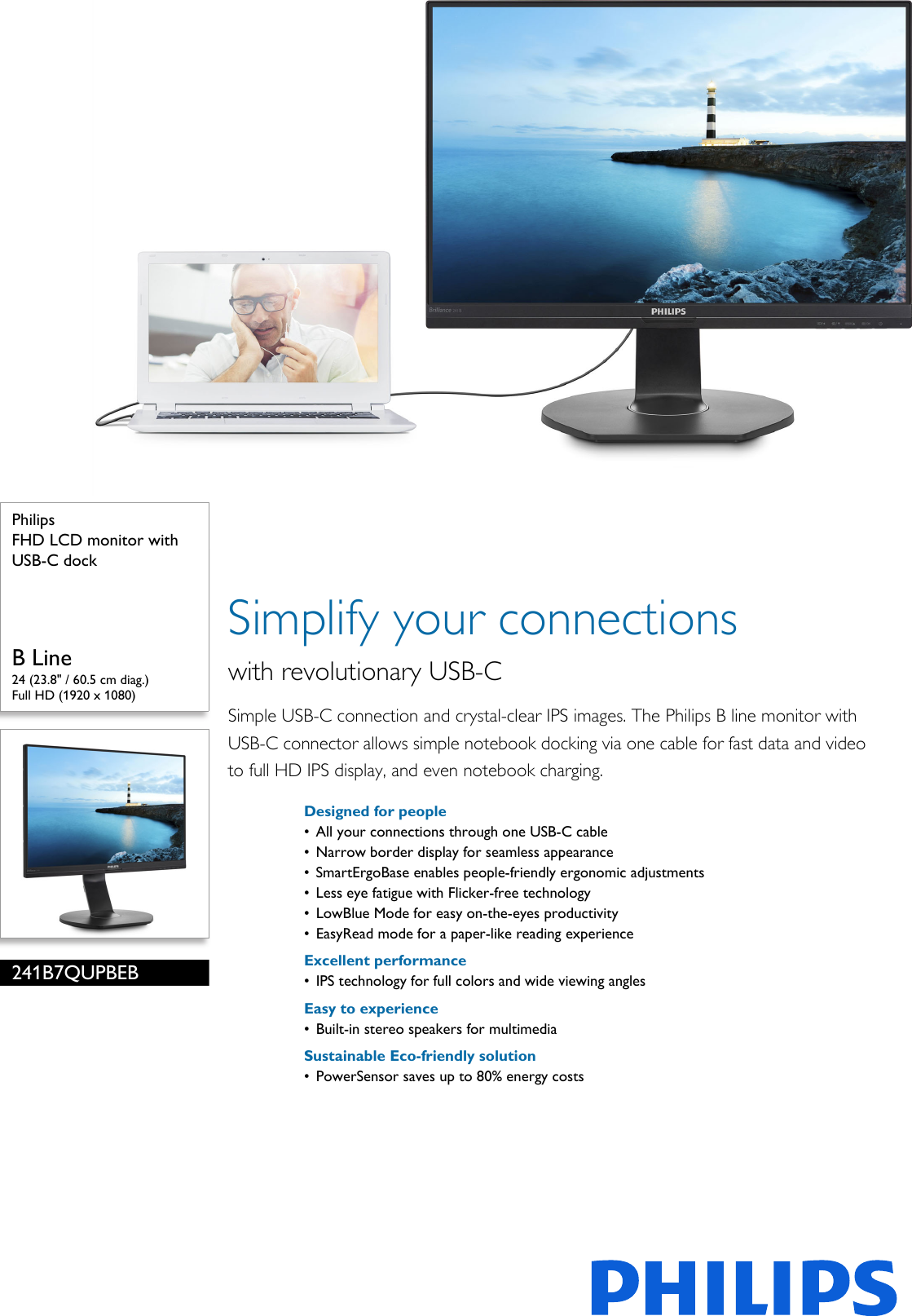 Page 1 of 3 - Philips 241B7QUPBEB/00 FHD LCD Monitor With USB-C Dock User Manual Leaflet 241b7qupbeb 00 Pss Engza