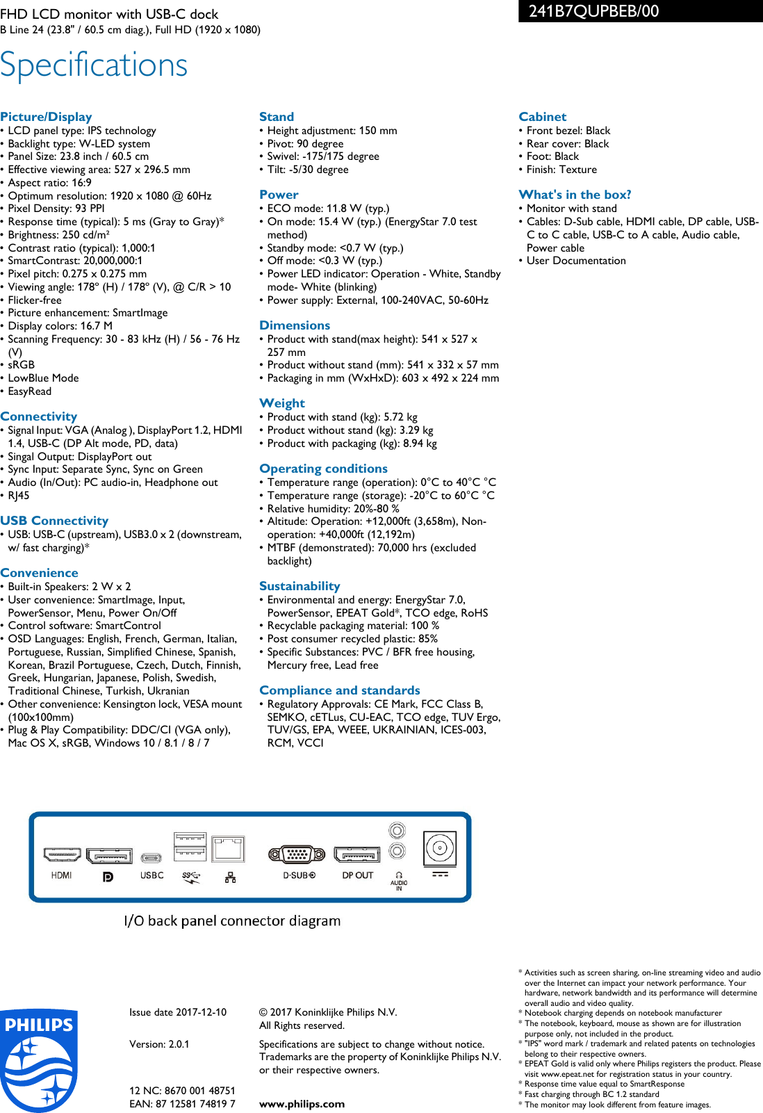 Page 3 of 3 - Philips 241B7QUPBEB/00 FHD LCD Monitor With USB-C Dock User Manual Leaflet 241b7qupbeb 00 Pss Engza