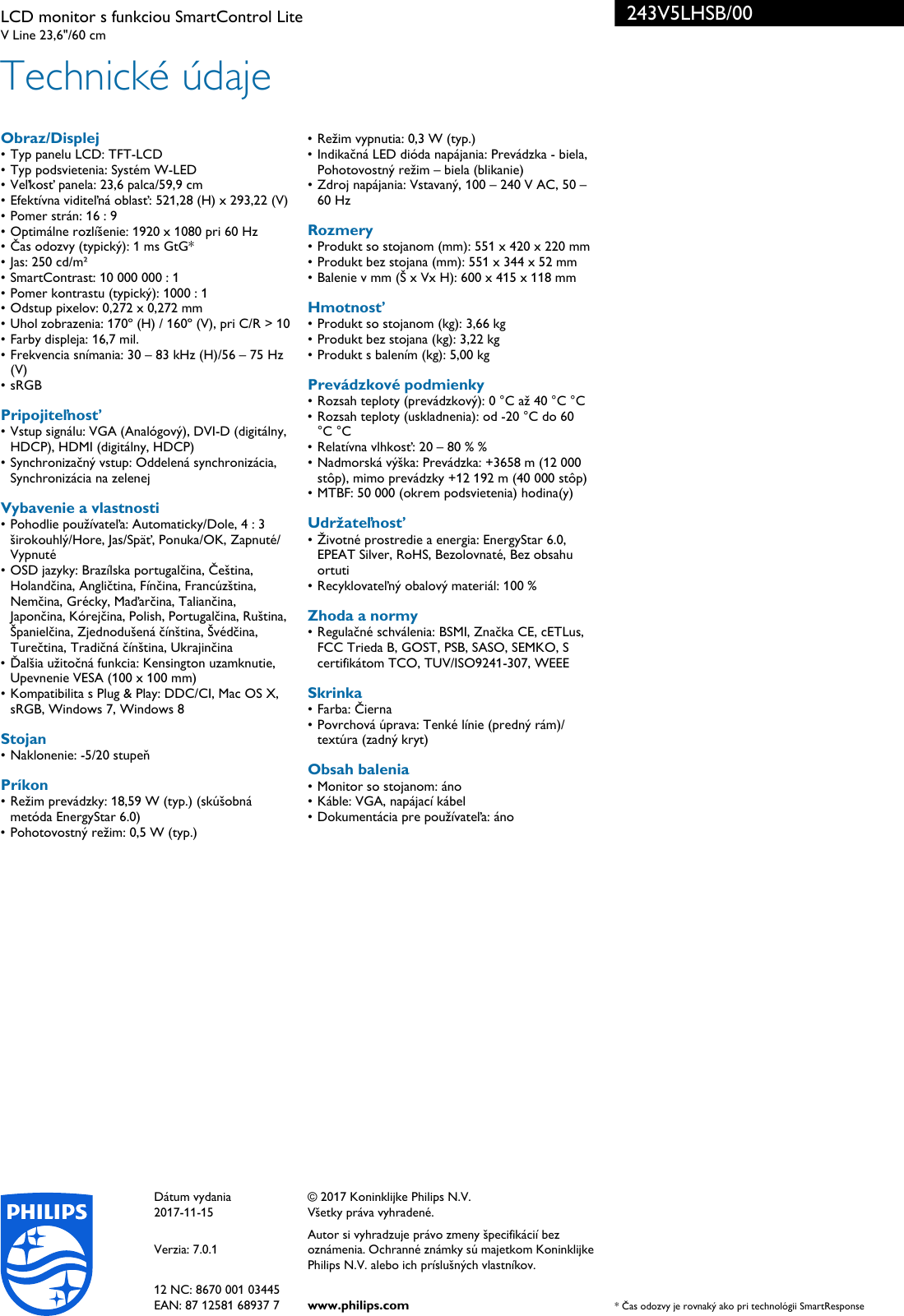 Page 3 of 3 - Philips 243V5LHSB/00 Leaflet 243V5LHSB_00 Released Slovakia (Slovak)  User Manual Prospekt 243v5lhsb 00 Pss Slksk