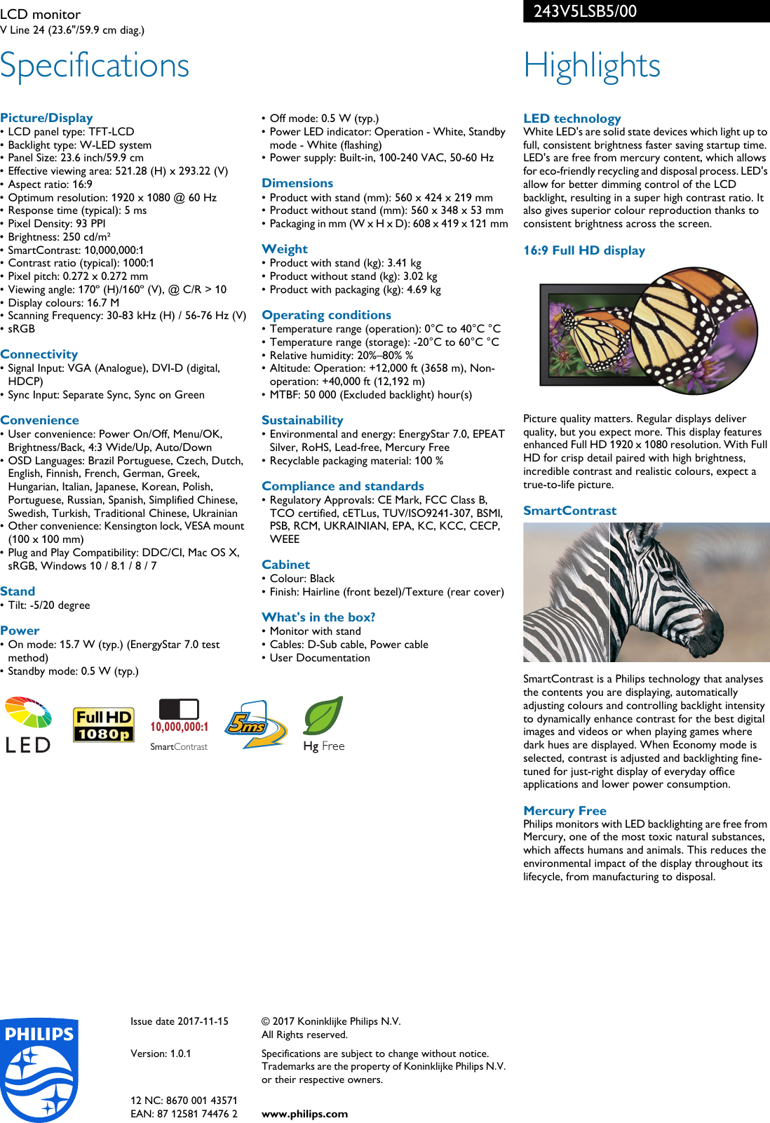 Page 2 of 2 - Philips 243V5LSB5/00 Leaflet 243V5LSB5_00 Released Ireland (English)  User Manual 243v5lsb5 00 Pss Engie