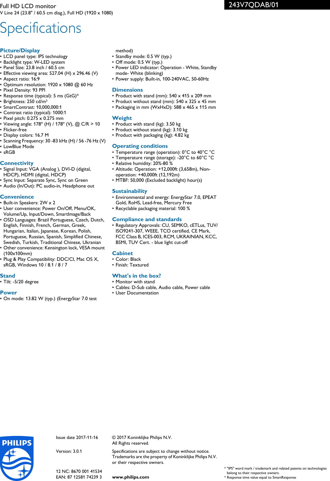 Page 3 of 3 - Philips 243V7QDAB/01 Full HD LCD Monitor User Manual Leaflet 243v7qdab 01 Pss
