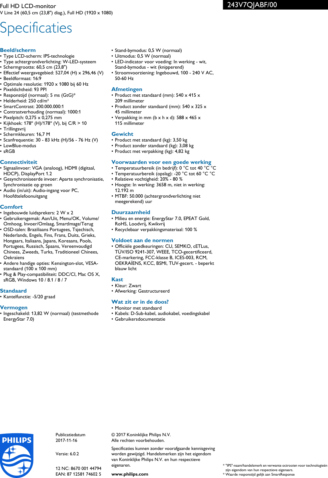 Page 3 of 3 - Philips 243V7QJABF/00 Full HD LCD-monitor User Manual Brochure 243v7qjabf 00 Pss Nldnl