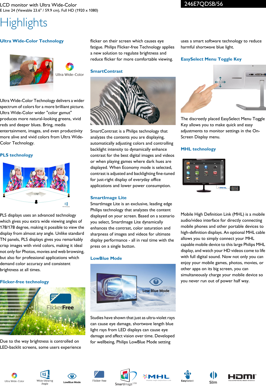 Philips 246e7qdsb 56 Lcd Monitor With Ultra Wide Color User Manual Leaflet 246e7qdsb 56 Pss