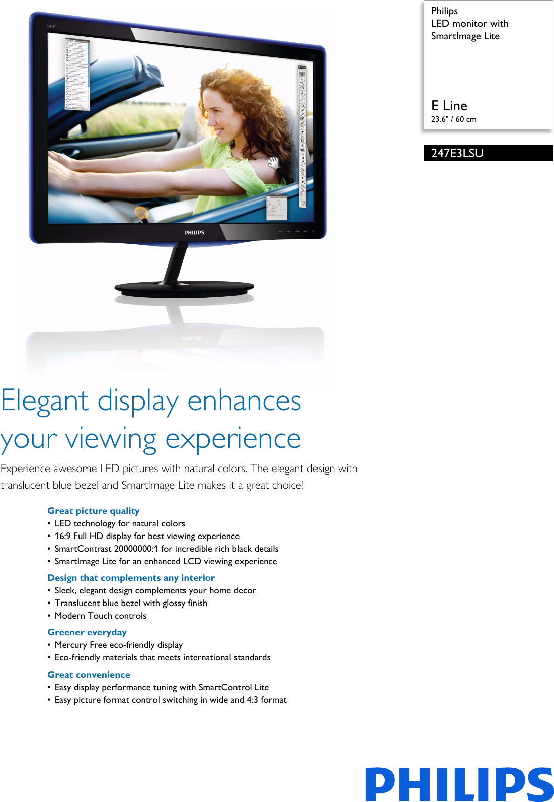 Page 1 of 3 - Philips 247E3LSU/94 LED Monitor With SmartImage Lite Smart Image 247e3lsu 94 Pss Aenin