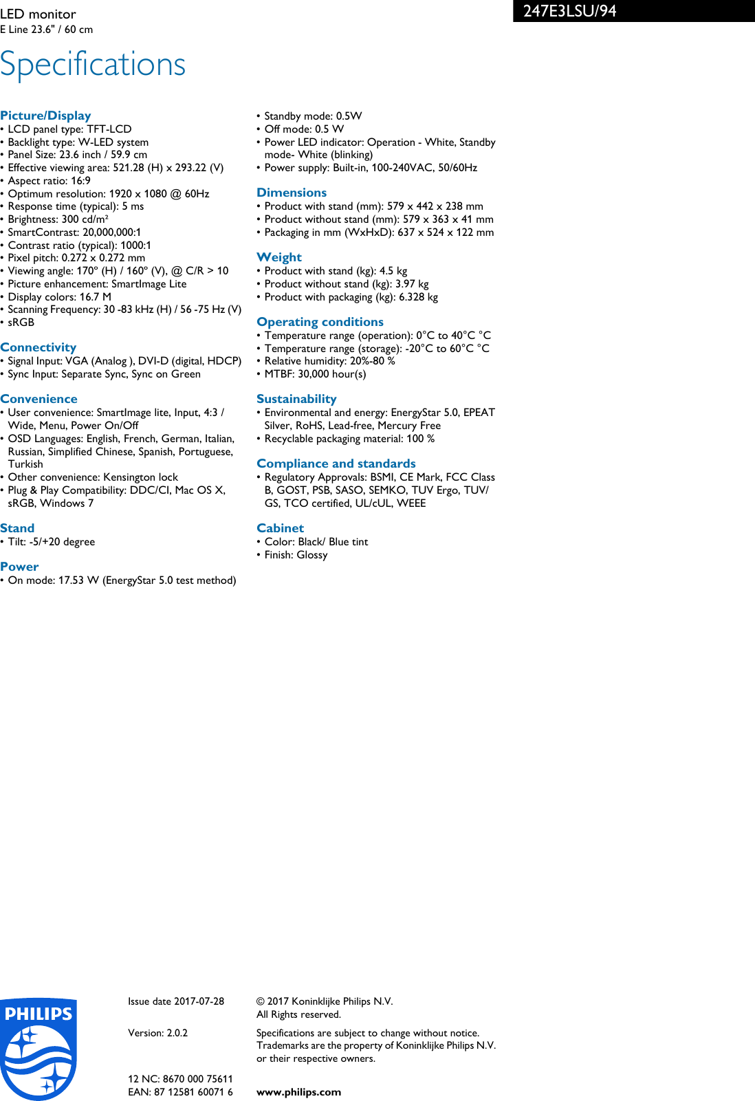 Page 3 of 3 - Philips 247E3LSU/94 LED Monitor With SmartImage Lite Smart Image 247e3lsu 94 Pss Aenin