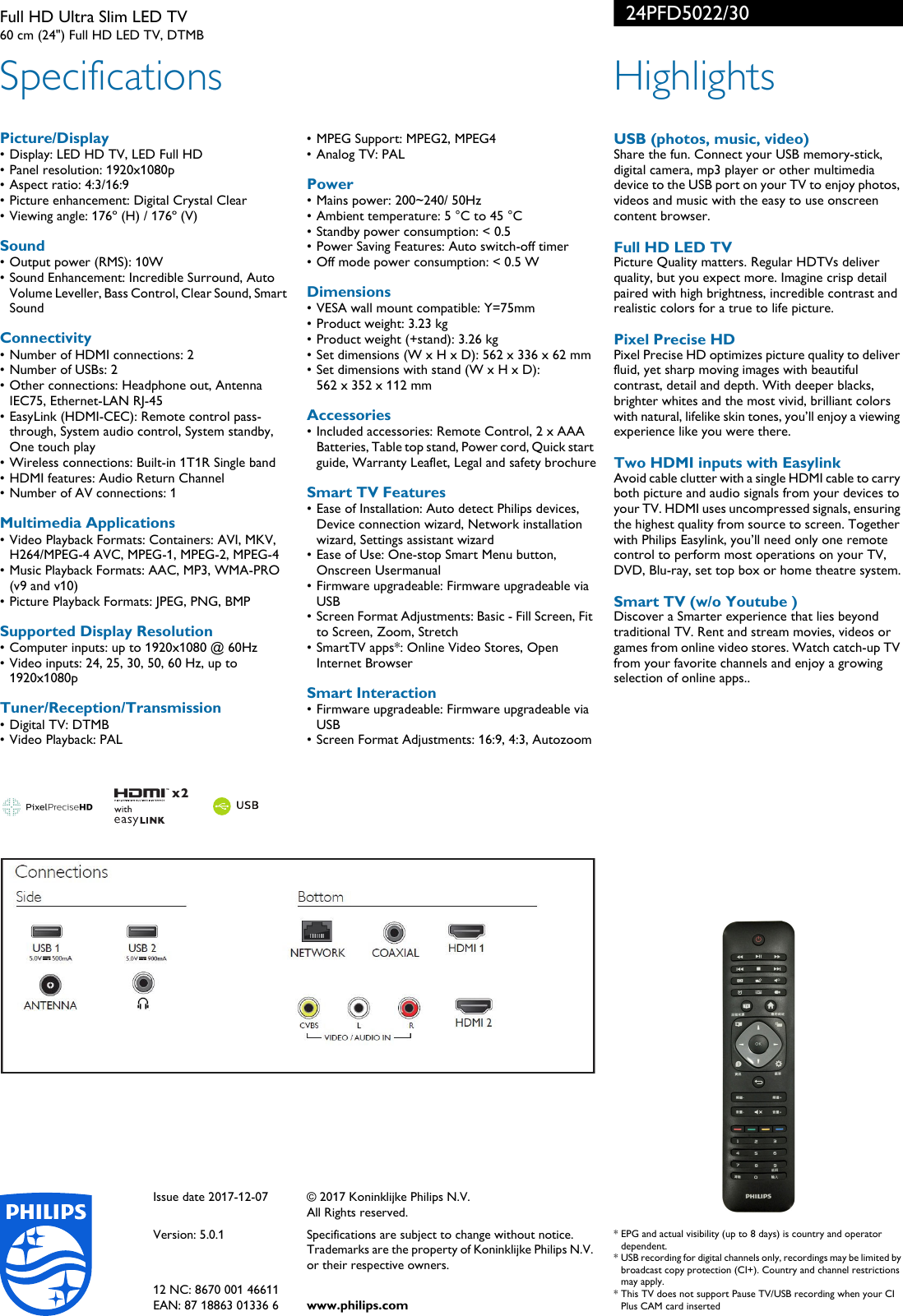 Page 2 of 2 - Philips 24PFD5022/30 Full HD Ultra Slim LED TV With Pixel Precise User Manual Leaflet 24pfd5022 30 Pss Aenhk