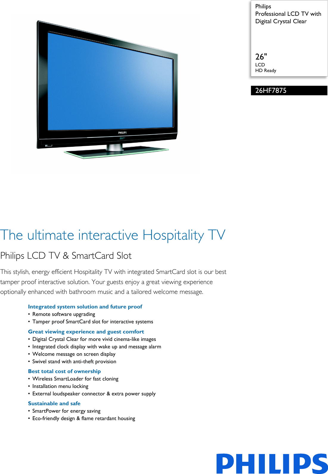Page 1 of 3 - Philips 26HF7875/10 Professional LCD TV With Digital Crystal Clear User Manual Leaflet 26hf7875 10 Pss Engnz