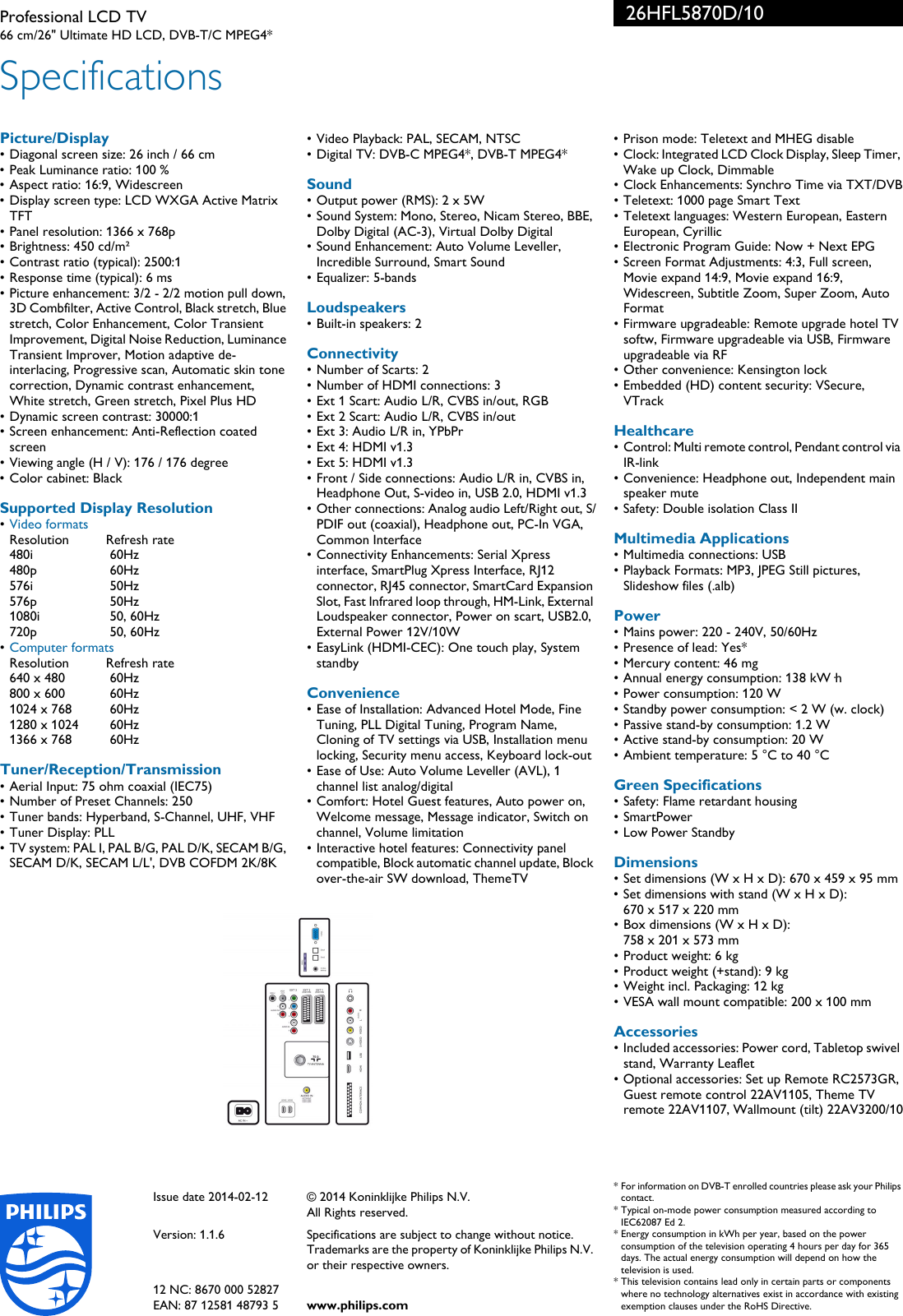 Page 3 of 3 - Philips 26HFL5870D/10 Professional LCD TV User Manual Leaflet 26hfl5870d 10 Pss