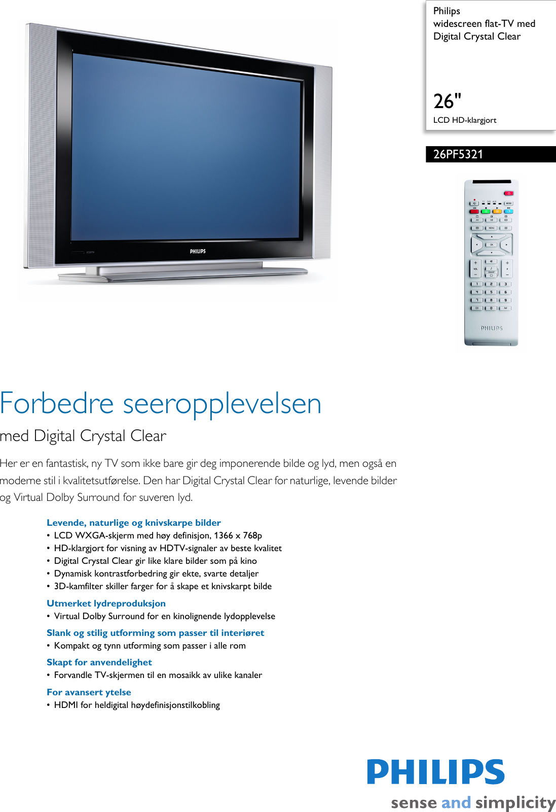 Page 1 of 3 - Philips 26PF5321/12 Widescreen Flat-TV Med Digital Crystal Clear User Manual Hefte 26pf5321 12 Pss Norno