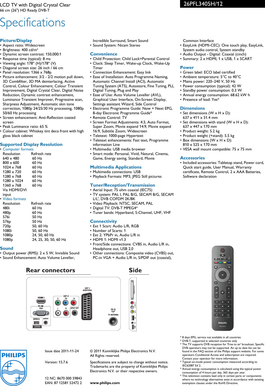 Page 3 of 3 - Philips 26PFL3405H/12 Leaflet 26PFL3405H_12 Released Ireland (English) User Manual 26pfl3405h 12 Pss Enggb