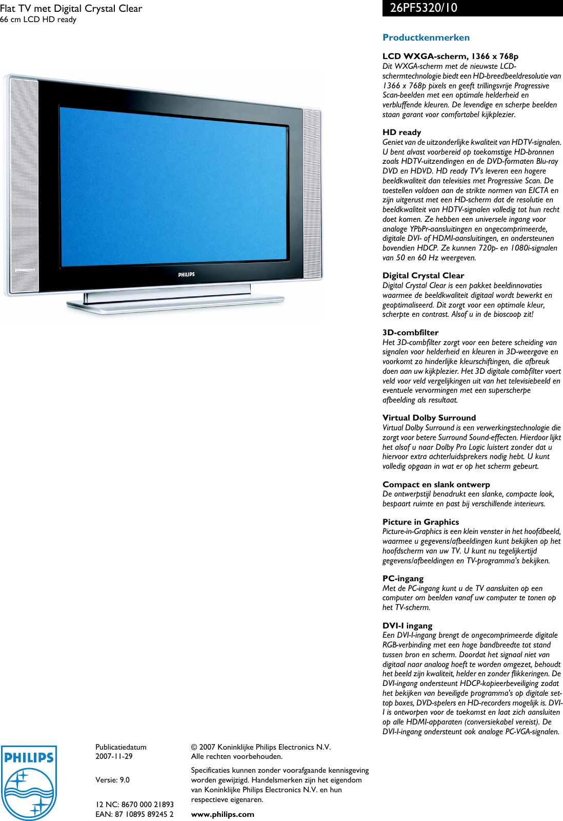Philips 26PF5320/10 Flat TV Met Digital Crystal Brochure 26pf5320 10 Pss Nldbe