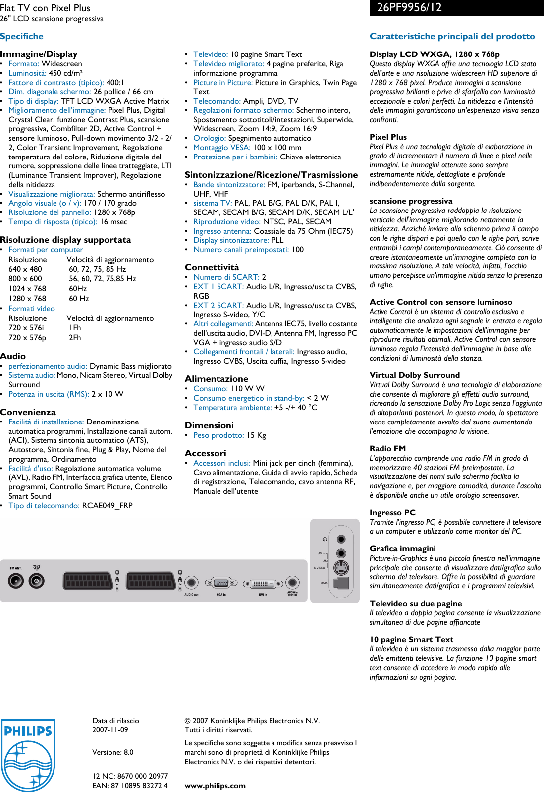 Page 2 of 2 - Philips 26PF9956/12 Flat TV Con Pixel Plus Scheda Tecnica 26pf9956 12 Pss Itait