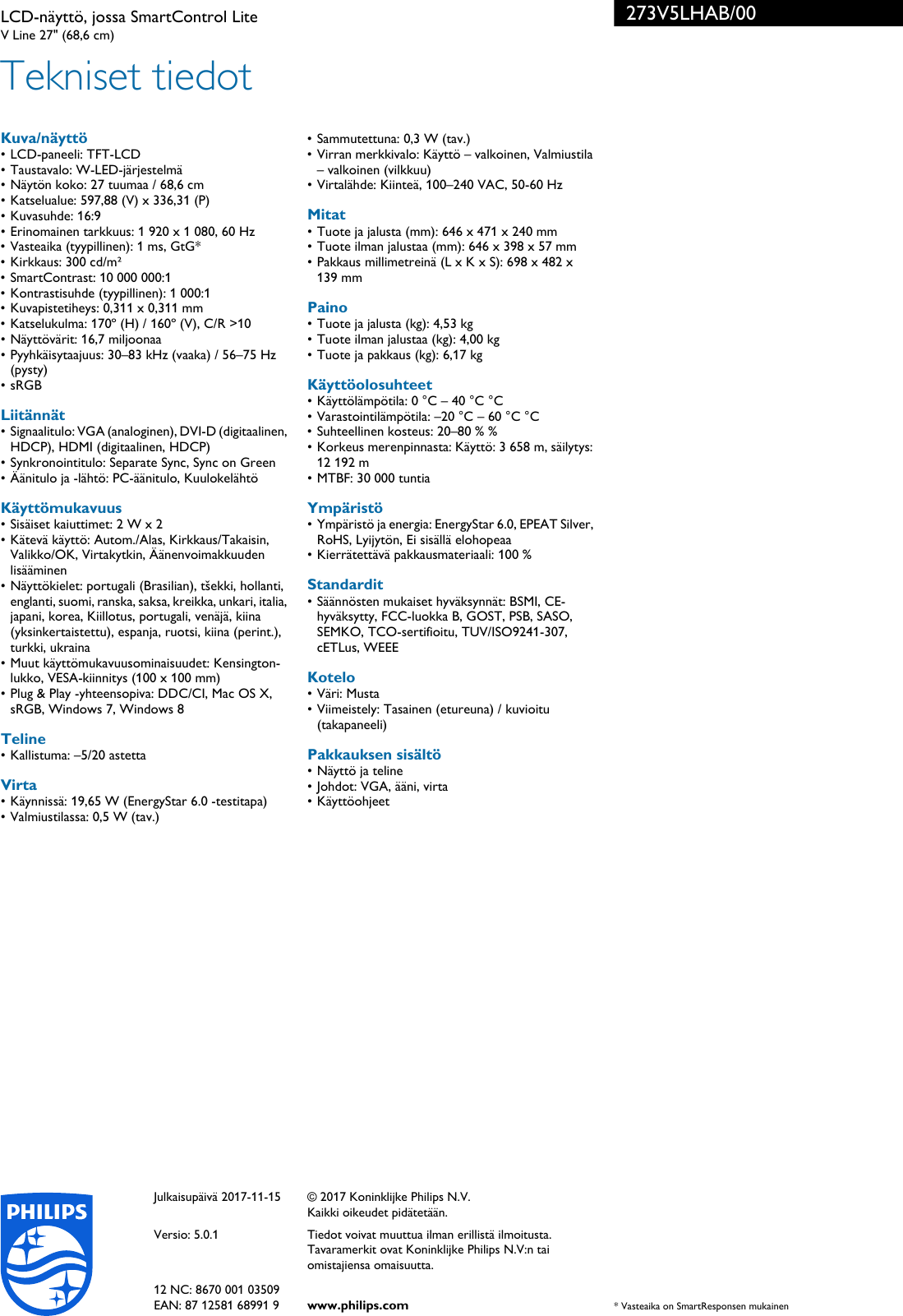 Page 3 of 3 - Philips 273V5LHAB/00 LCD-näyttö, Jossa SmartControl Lite User Manual Esite 273v5lhab 00 Pss Finfi