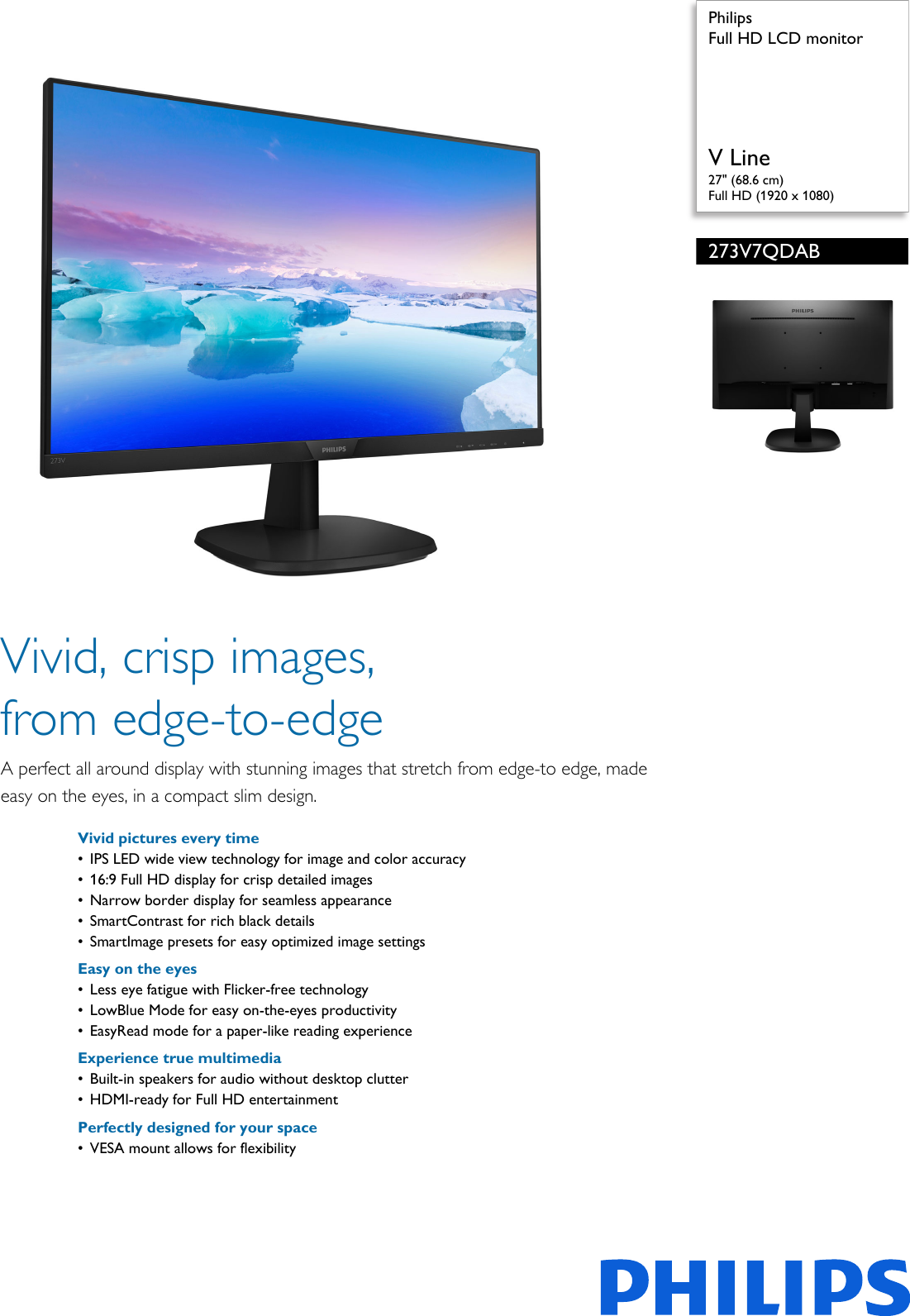 Page 1 of 3 - Philips 273V7QDAB/89 Full HD LCD Monitor User Manual Leaflet 273v7qdab 89 Pss