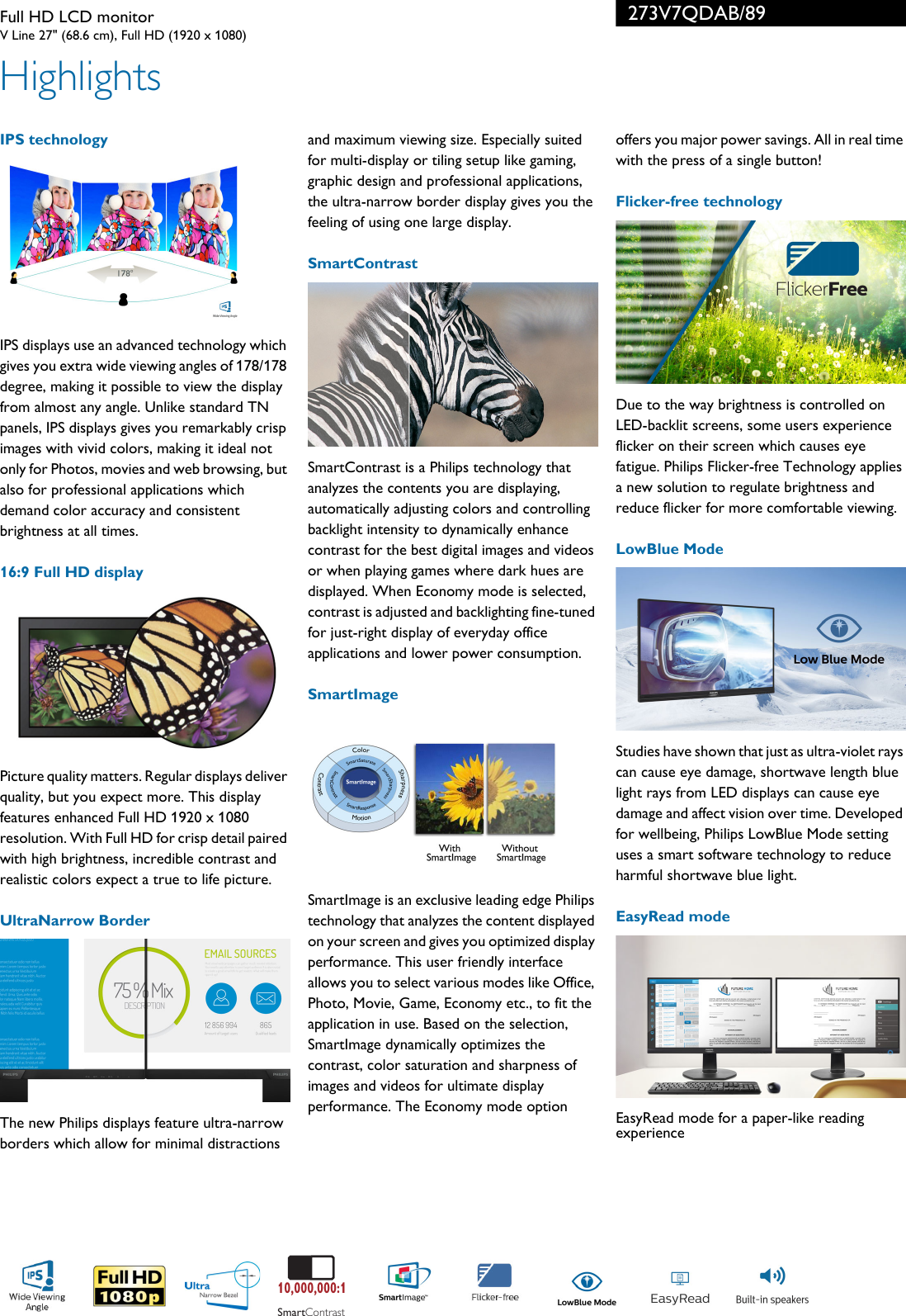 Page 2 of 3 - Philips 273V7QDAB/89 Full HD LCD Monitor User Manual Leaflet 273v7qdab 89 Pss