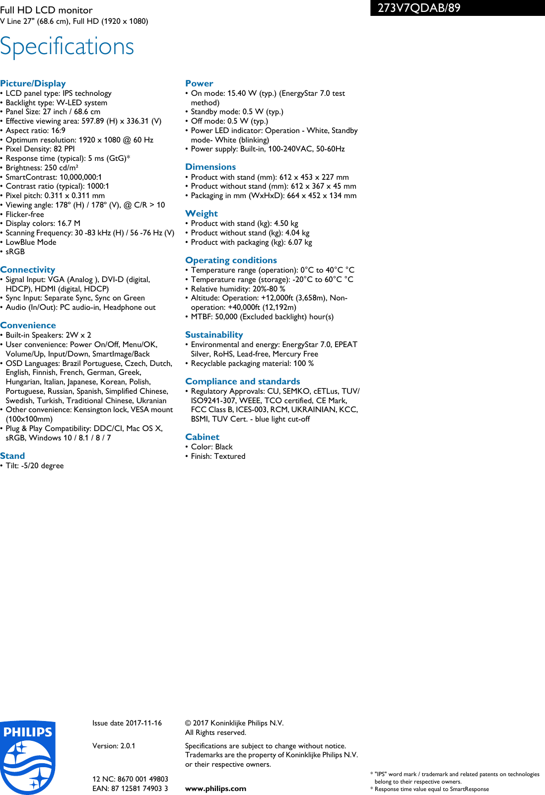 Page 3 of 3 - Philips 273V7QDAB/89 Full HD LCD Monitor User Manual Leaflet 273v7qdab 89 Pss