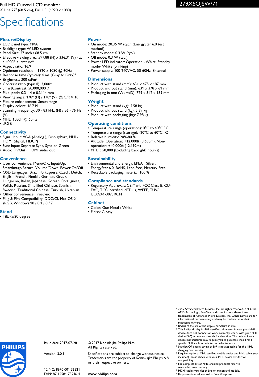 Page 3 of 3 - Philips 279X6QJSW/71 Full HD Curved LCD Monitor User Manual Leaflet 279x6qjsw 71 Pss Engph