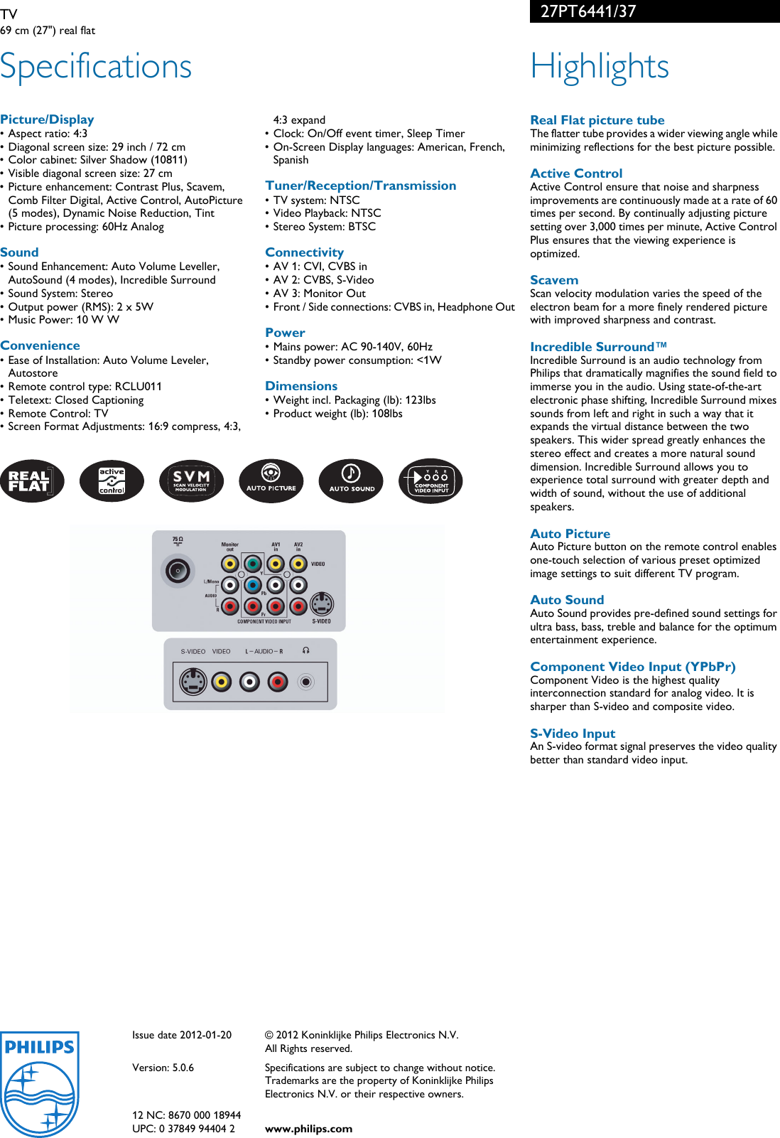 Page 2 of 2 - Philips 27PT6441/37 TV User Manual Leaflet 27pt6441 37 Pss Aenus