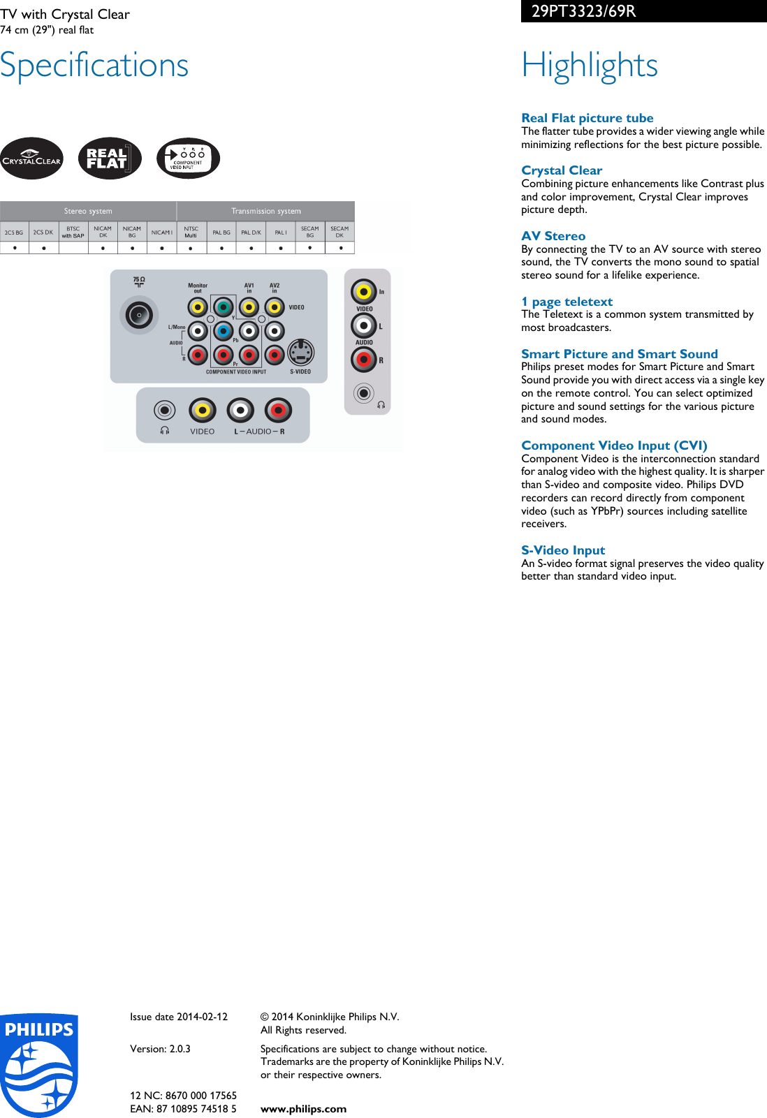 Page 2 of 2 - Philips 29PT3323/69R TV With Crystal Clear User Manual Fiche Produit 29pt3323 69r Pss