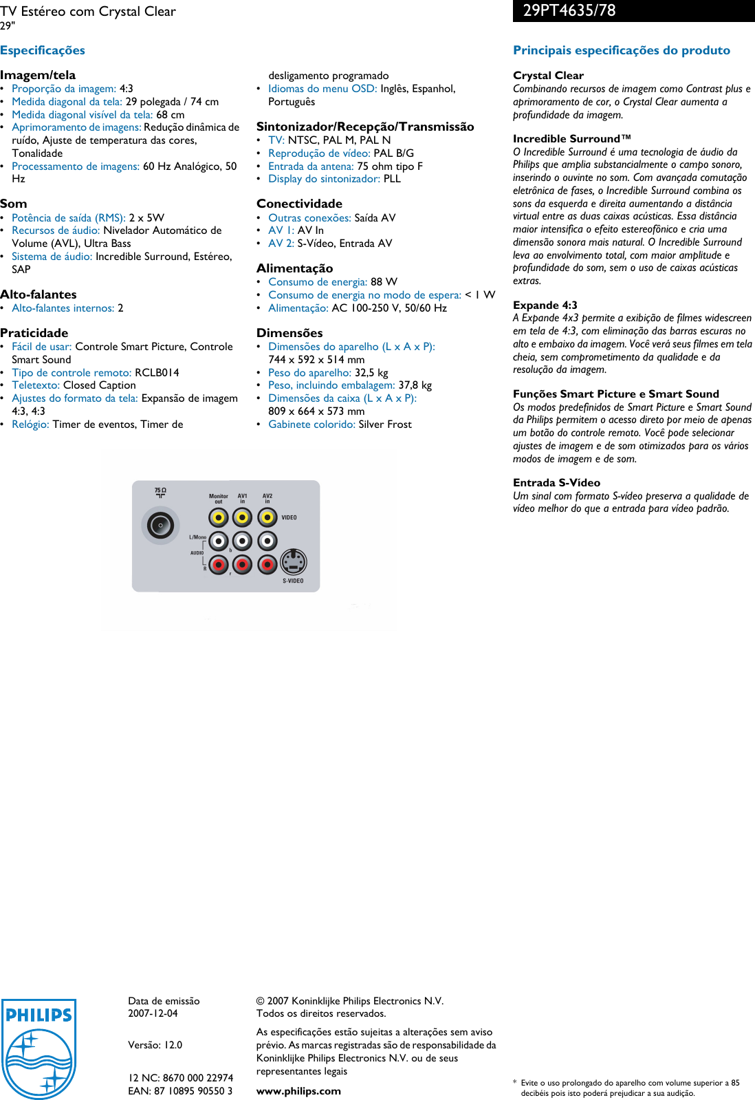 Page 2 of 2 - Philips 29PT4635/78 TV Estéreo Com Crystal Clear User Manual Folheto 29pt4635 78 Pss Brpbr