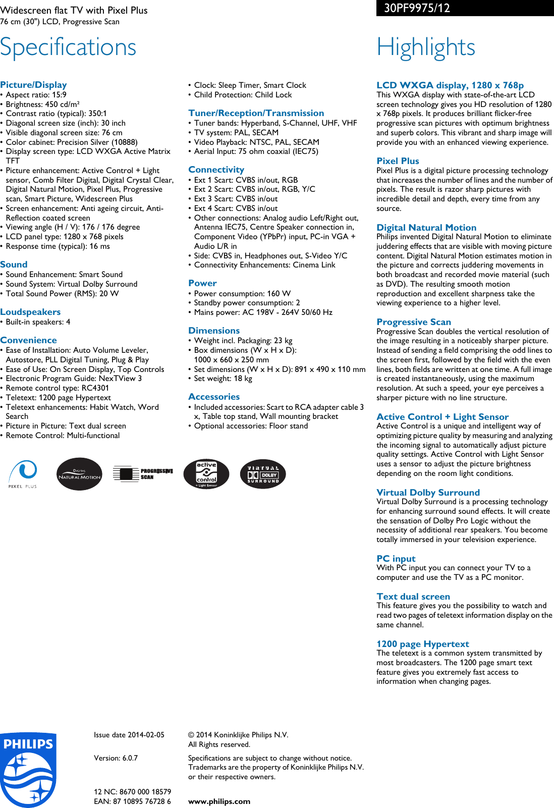 Page 2 of 2 - Philips 30PF9975/12 Widescreen Flat TV With Pixel Plus Kiadvány 30pf9975 12 Pss