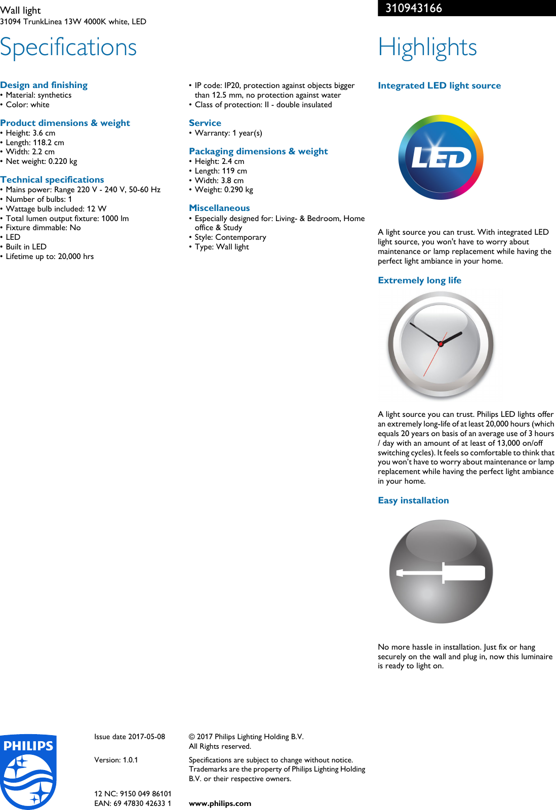 Page 2 of 2 - Philips 31094/31/66 310943166 Wall Light User Manual Leaflet Pss Engmy