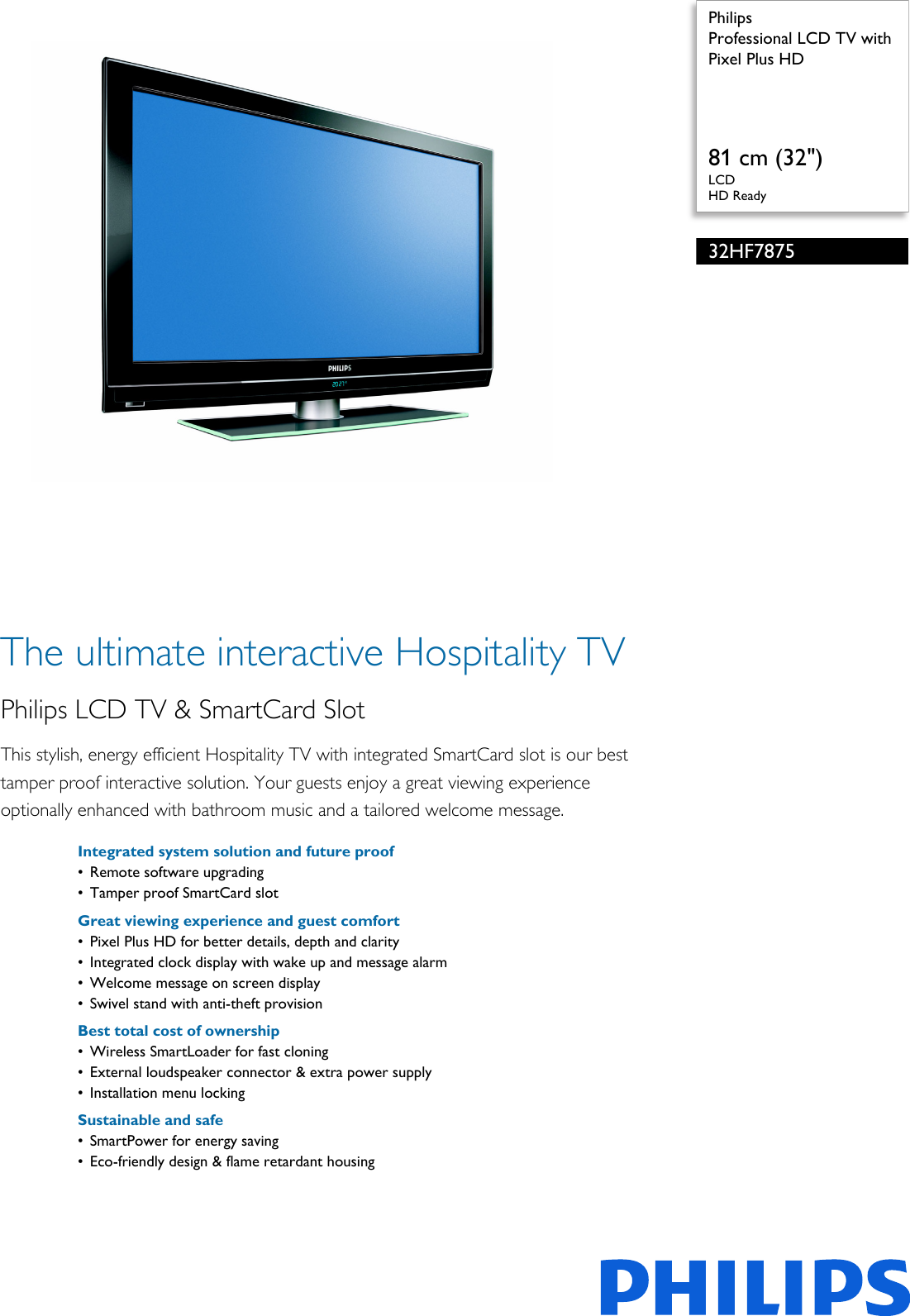 Page 1 of 3 - Philips 32HF7875/10 Professional LCD TV With Pixel Plus HD User Manual Leaflet 32hf7875 10 Pss