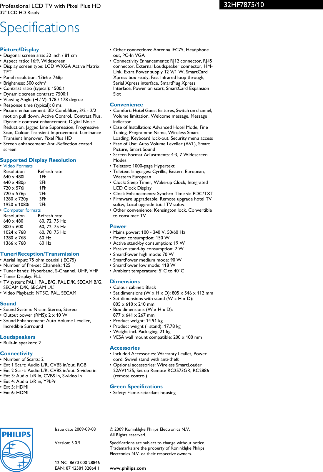 Page 3 of 3 - Philips 32HF7875/10 Professional LCD TV With Pixel Plus HD User Manual Leaflet 32hf7875 10 Pss Engie