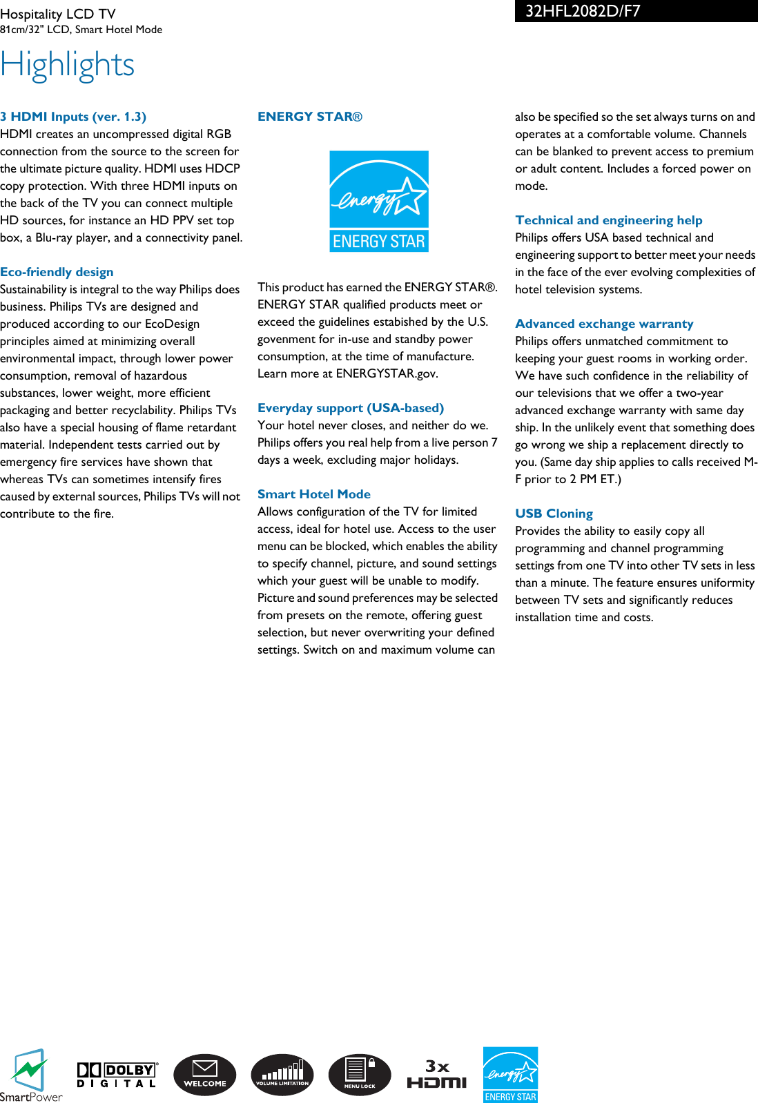 Page 2 of 3 - Philips 32HFL2082D/F7 Hospitality LCD TV User Manual Leaflet 32hfl2082d F7 Pss Aenus