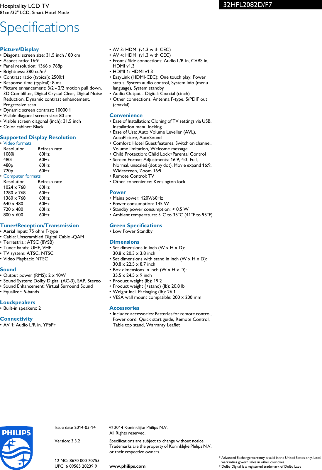 Page 3 of 3 - Philips 32HFL2082D/F7 Hospitality LCD TV User Manual Leaflet 32hfl2082d F7 Pss Aenus