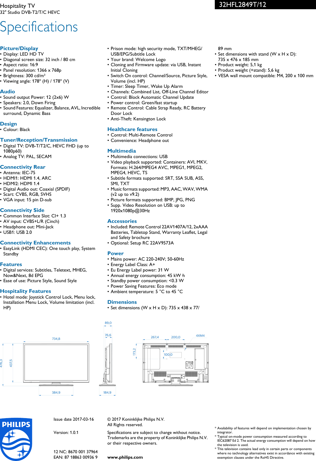 Page 3 of 3 - Philips 32HFL2849T/12 Hospitality TV User Manual Leaflet 32hfl2849t 12 Pss Engza