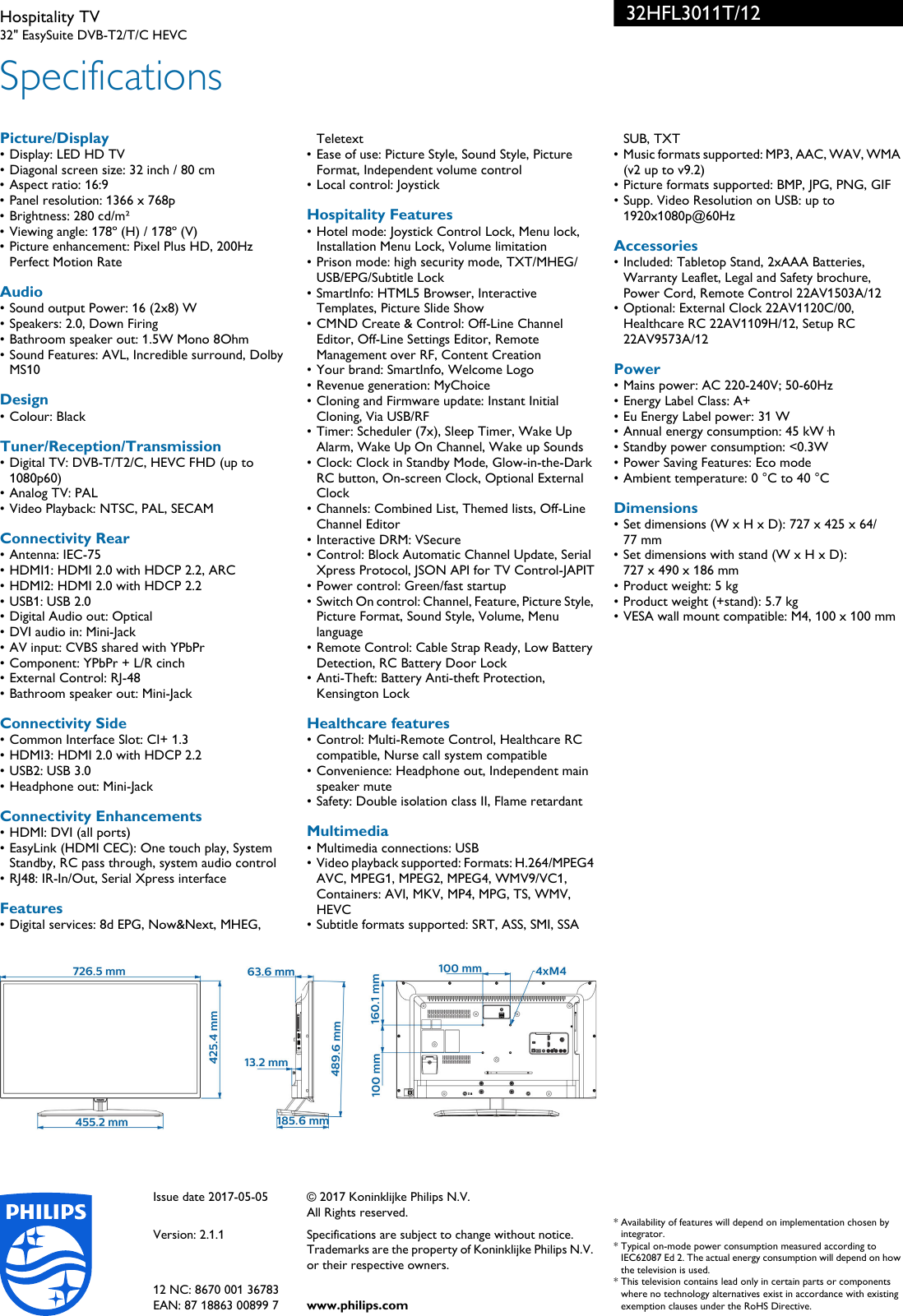 Page 3 of 3 - Philips 32HFL3011T/12 Hospitality TV User Manual Leaflet 32hfl3011t 12 Pss