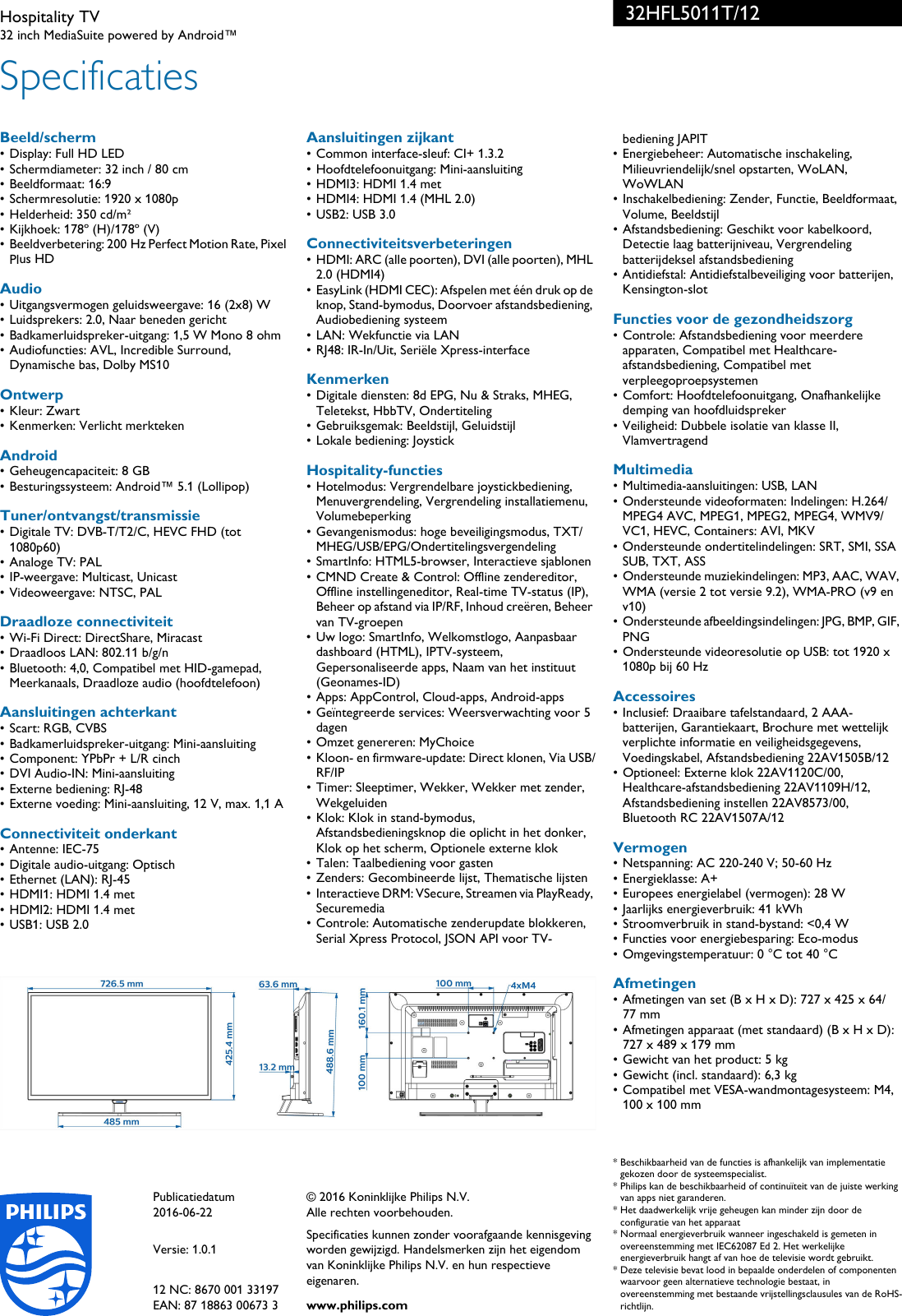 Page 3 of 3 - Philips 32HFL5011T/12 Hospitality TV User Manual Brochure 32hfl5011t 12 Pss Nldnl