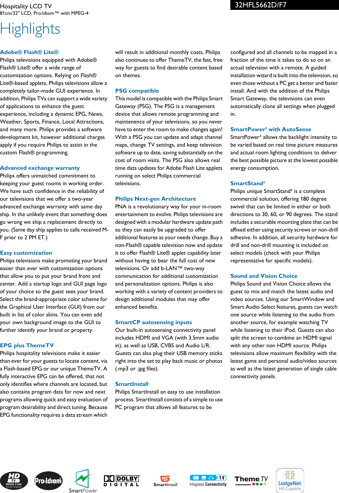 Page 2 of 3 - Philips 32HFL5662D/F7 Hospitality LCD TV User Manual Leaflet 32hfl5662d F7 Pss Aenus