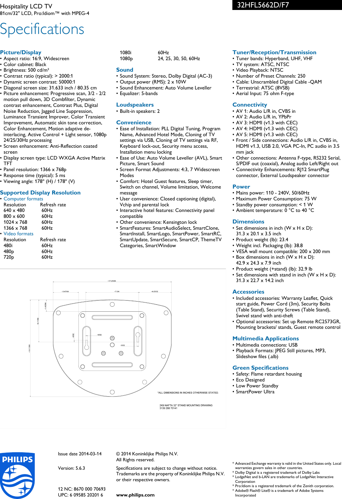 Page 3 of 3 - Philips 32HFL5662D/F7 Hospitality LCD TV User Manual Leaflet 32hfl5662d F7 Pss Aenus