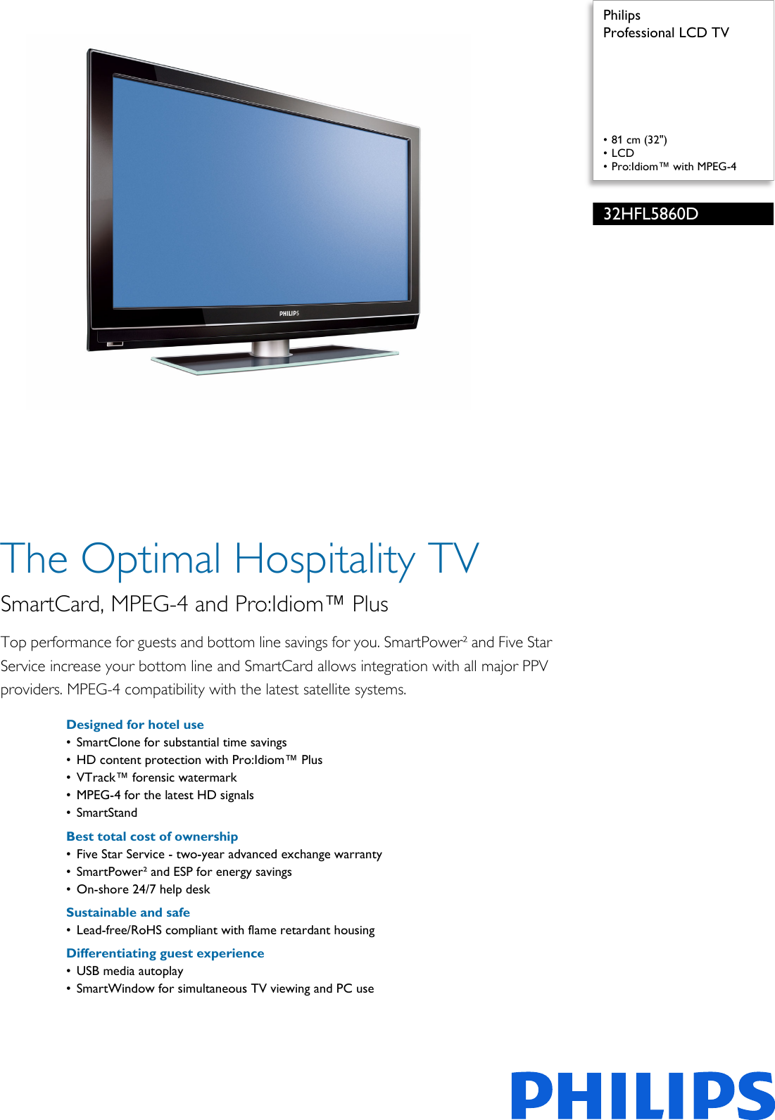 Page 1 of 3 - Philips 32HFL5860D/27 Professional LCD TV User Manual Leaflet 32hfl5860d 27 Pss Aenus