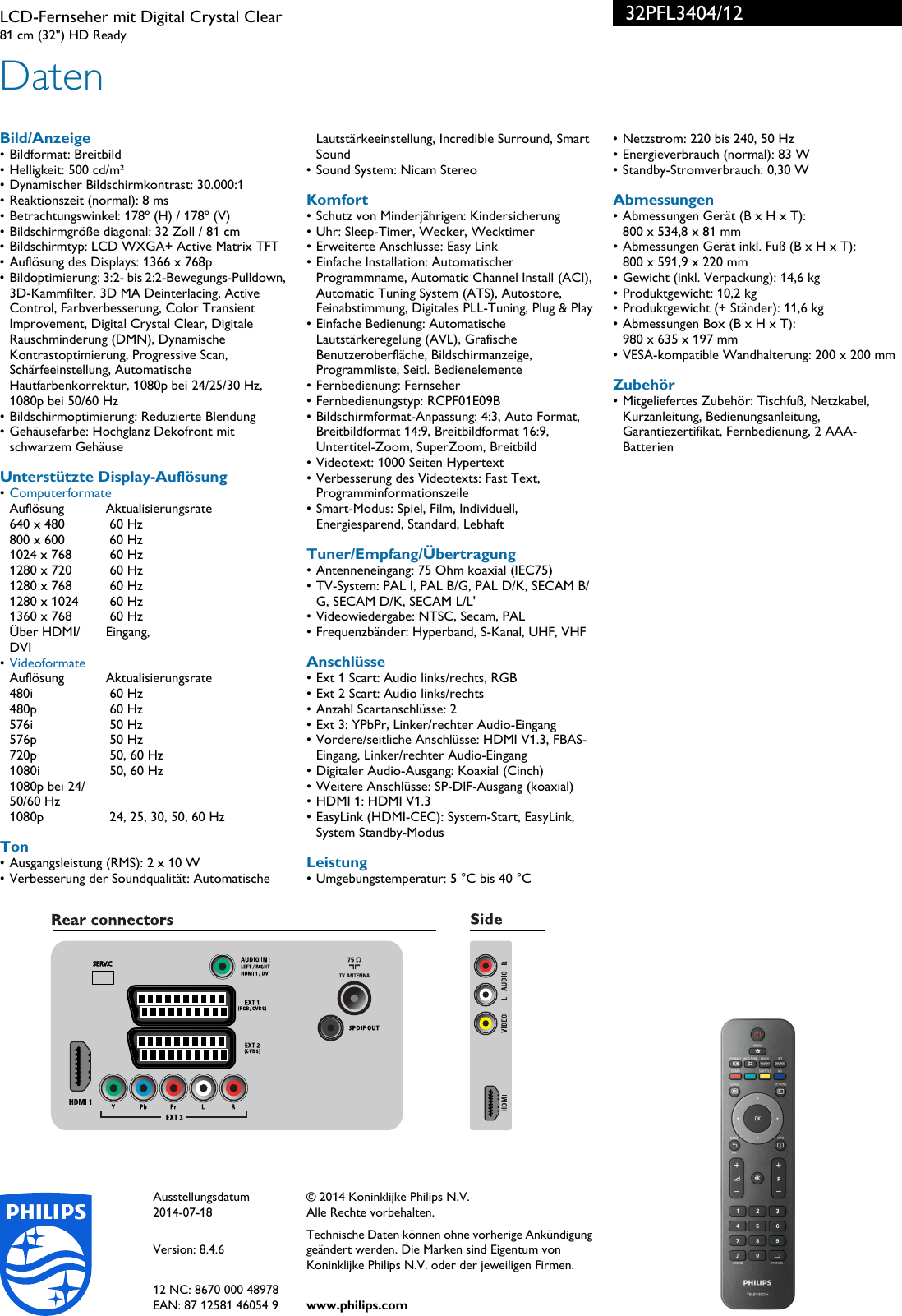 Page 3 of 3 - Philips 32PFL3404/12 Leaflet 32PFL3404_12 Released Germany (German)  User Manual Datenblatt 32pfl3404 12 Pss Deude