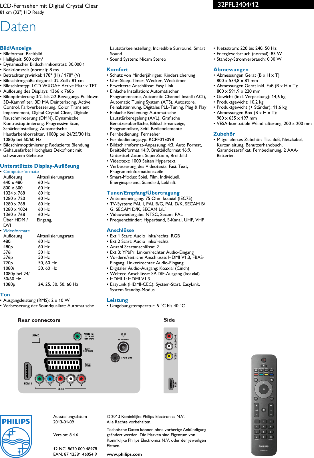 Page 3 of 3 - Philips 32PFL3404/12 Leaflet 32PFL3404_12 Released Germany (German)  User Manual Datenblatt 32pfl3404 12 Pss Deuch